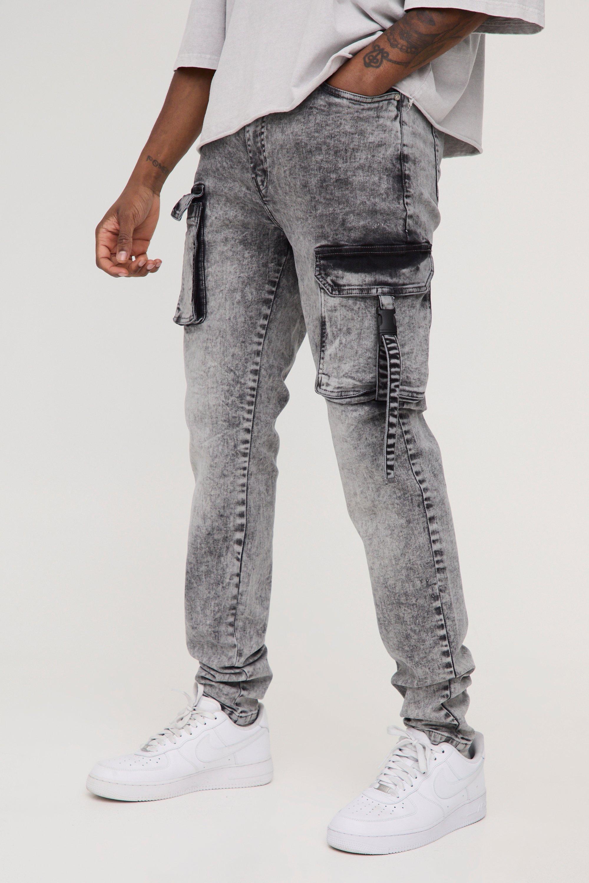 Mens Grey Tall Skinny Multi Pocket Strap Detail Cargo Jeans, Grey