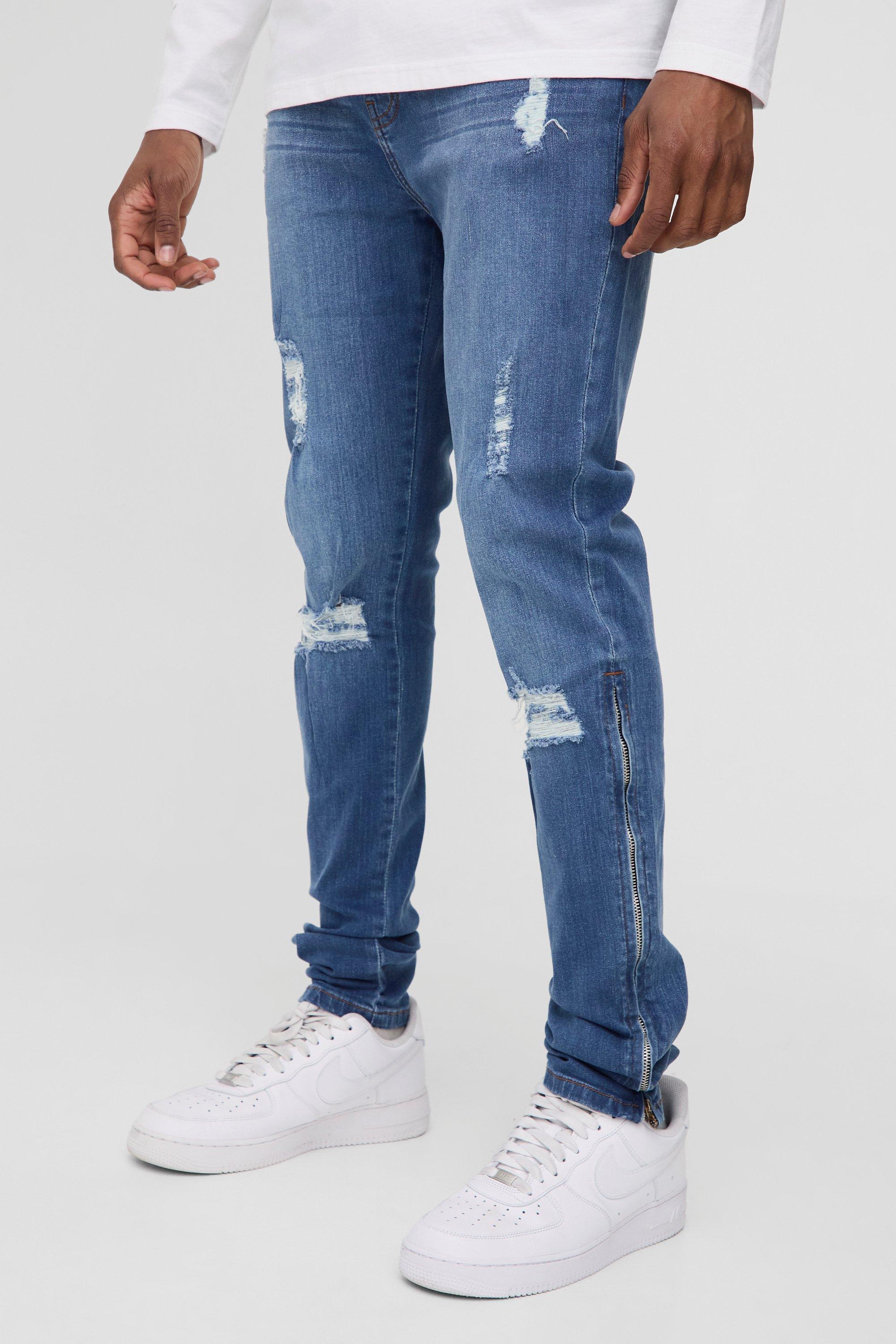 Jeans Tall Stretch Skinny Fit strappati con zip sul fondo, Azzurro