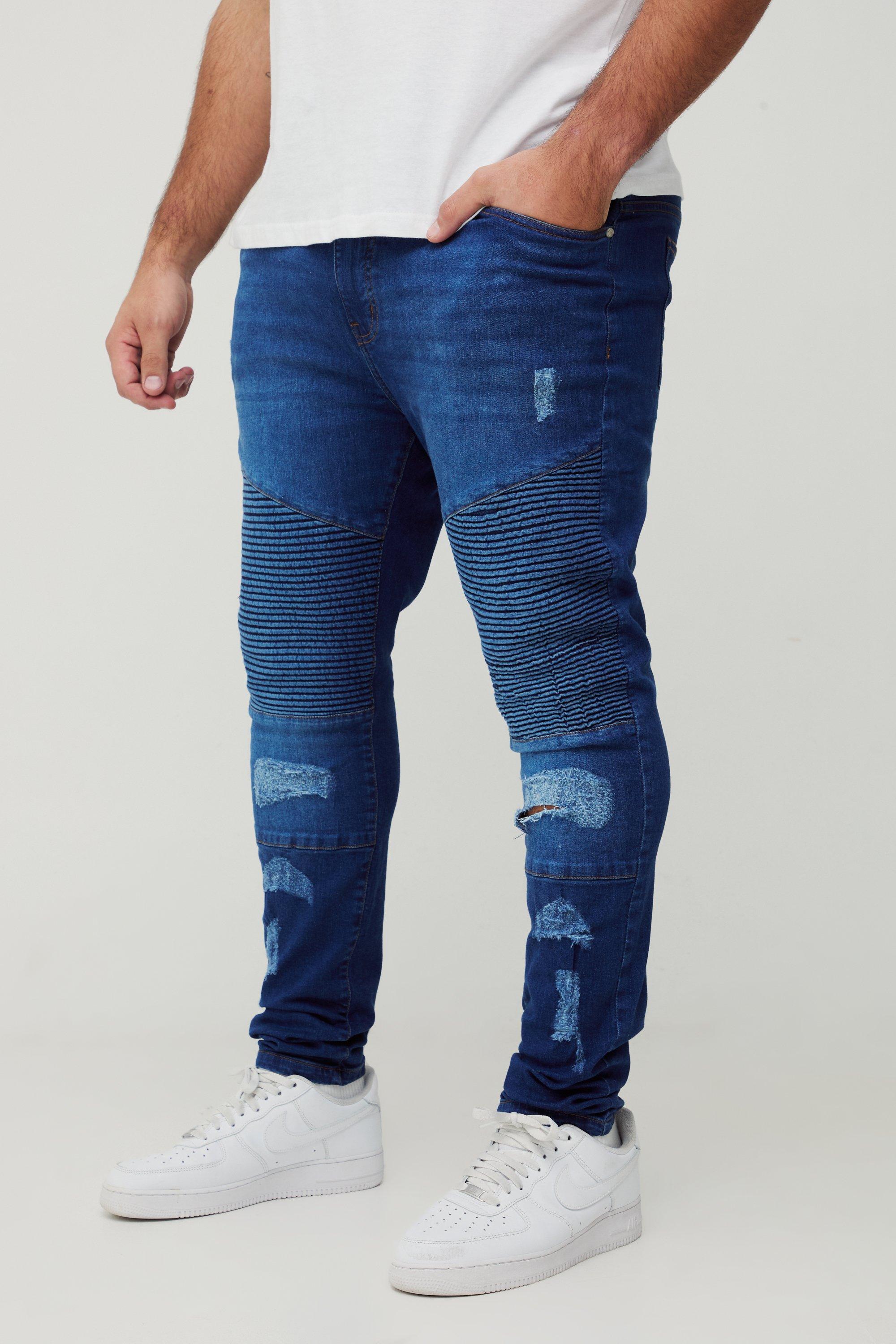 Plus Super Skinny Busted Knee Biker Jeans, Azzurro