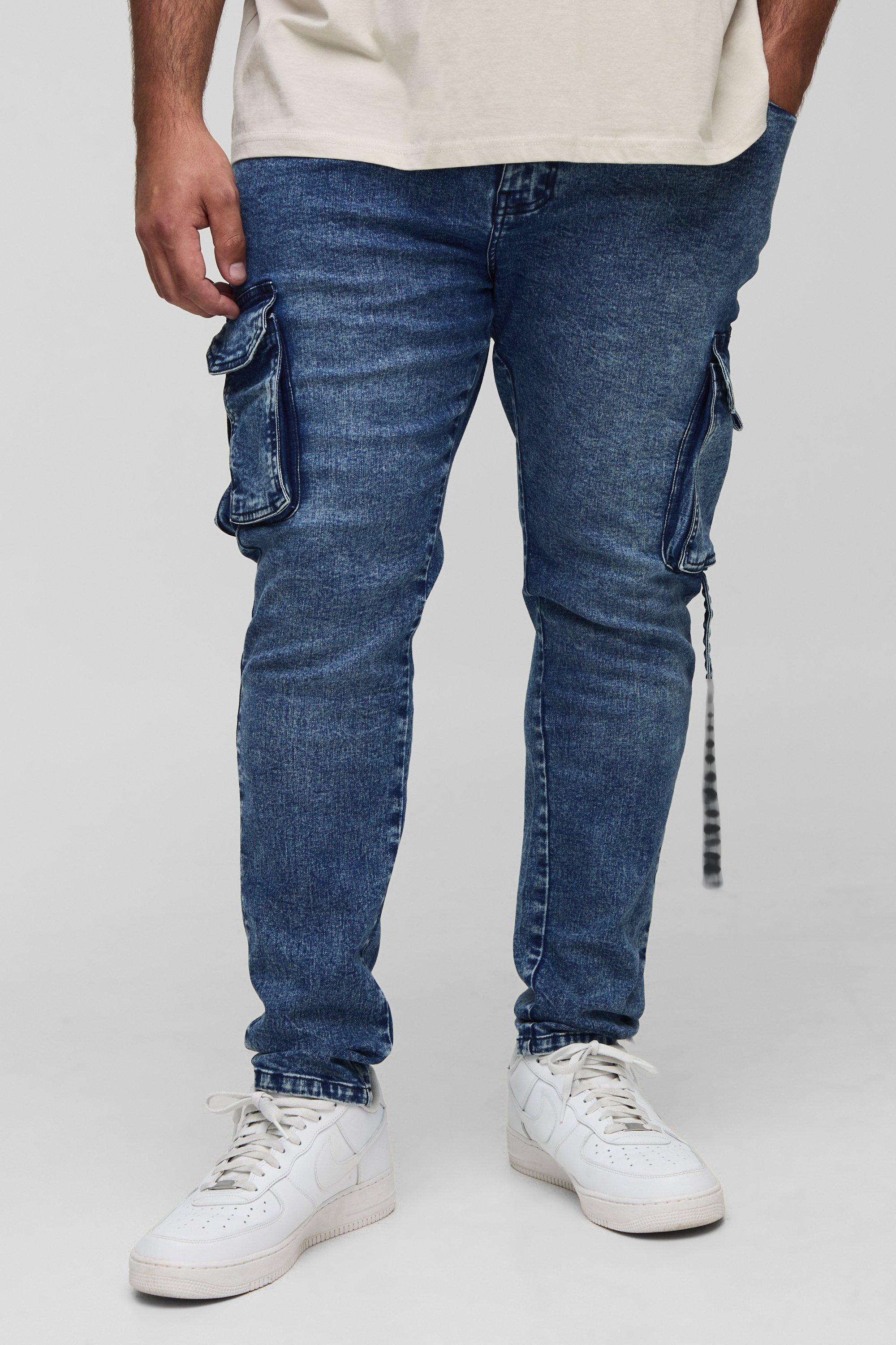 Image of Jeans Cargo Plus Size Skinny Fit con tasche e fascette, Grigio
