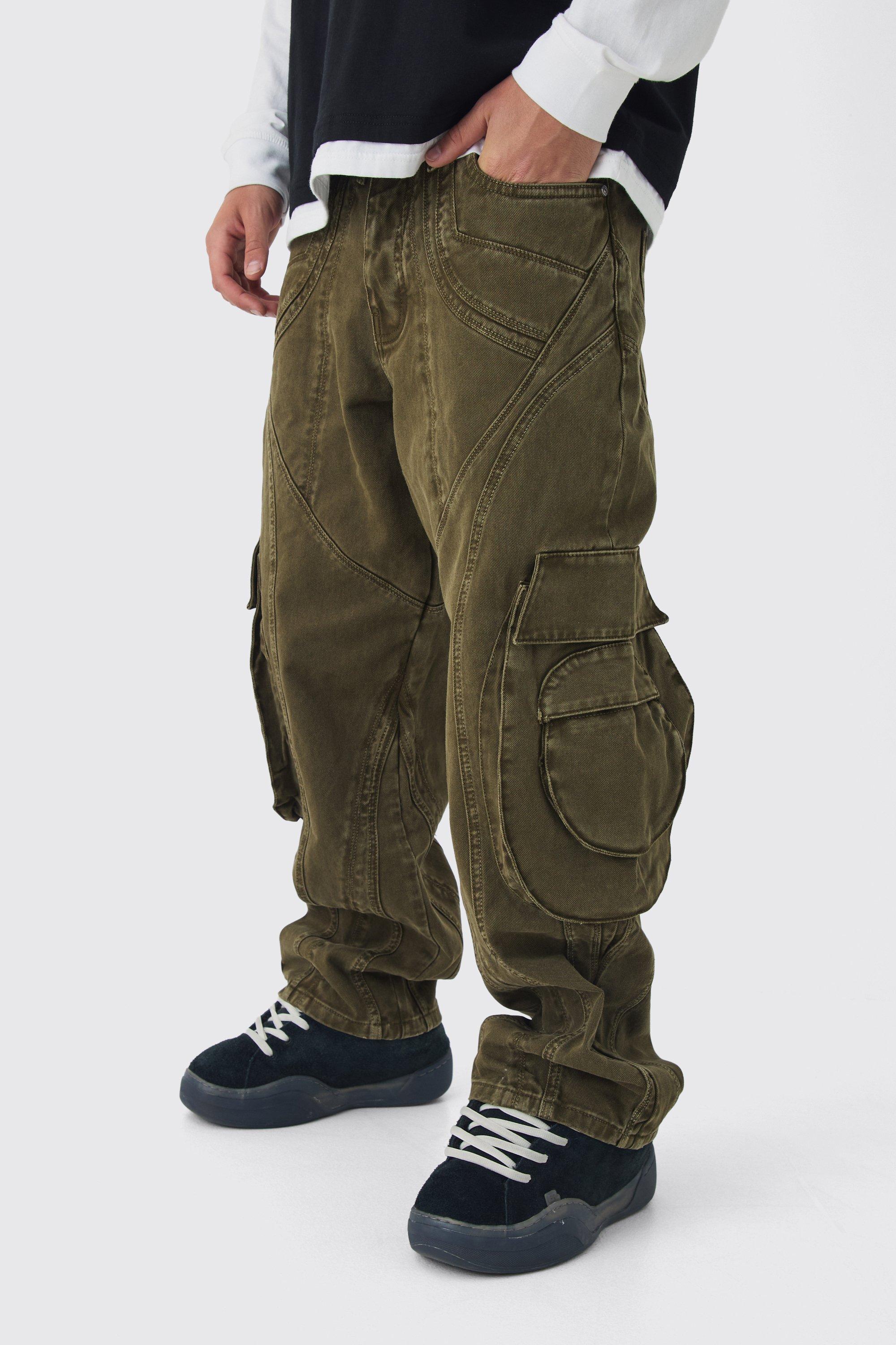 Boohoo Dikke Baggy Keperstof Cargo Broek Met Panelen, Dark Green