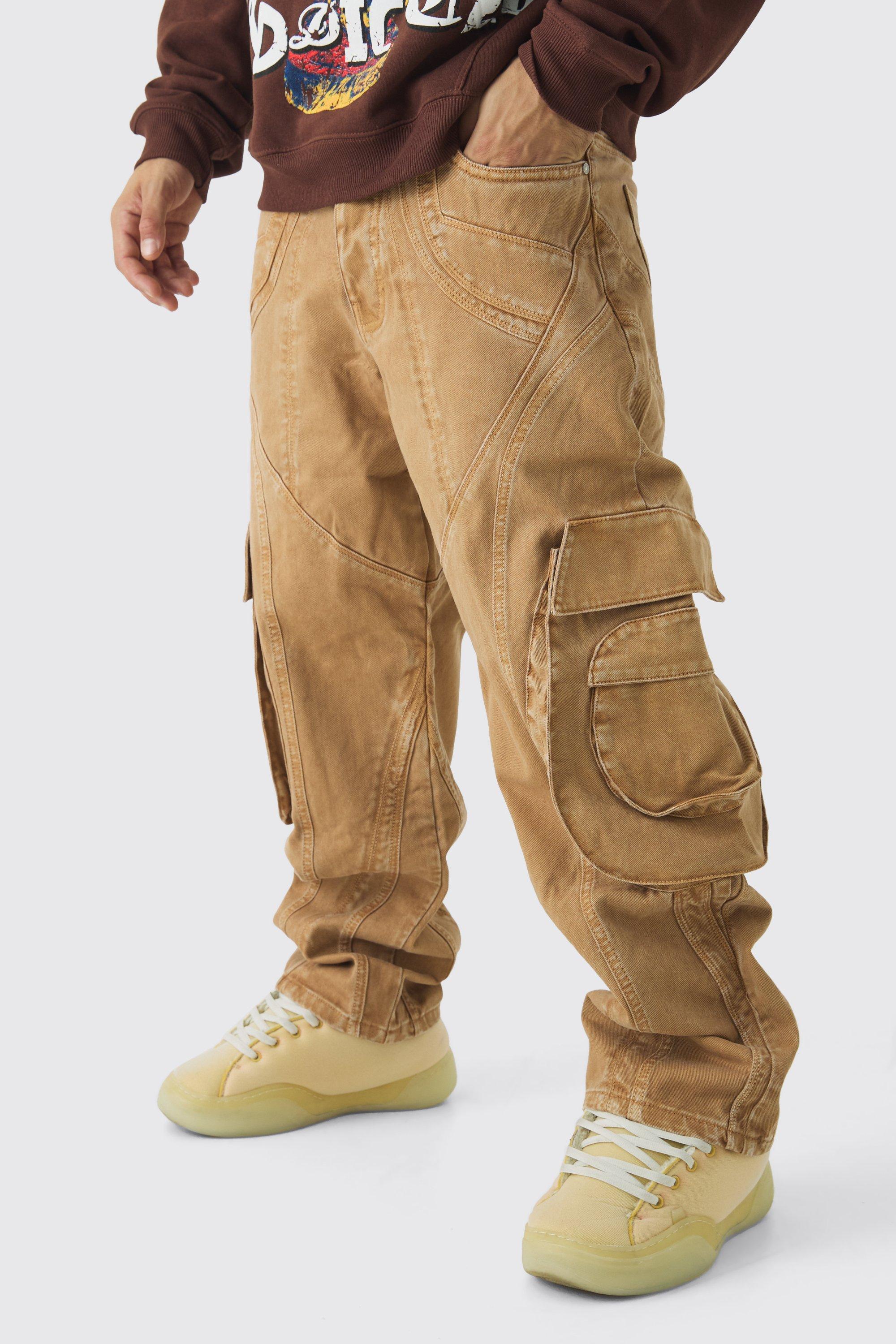 Mens Beige Relaxed Heavyweight Twill Panelled Cargo Trousers, Beige