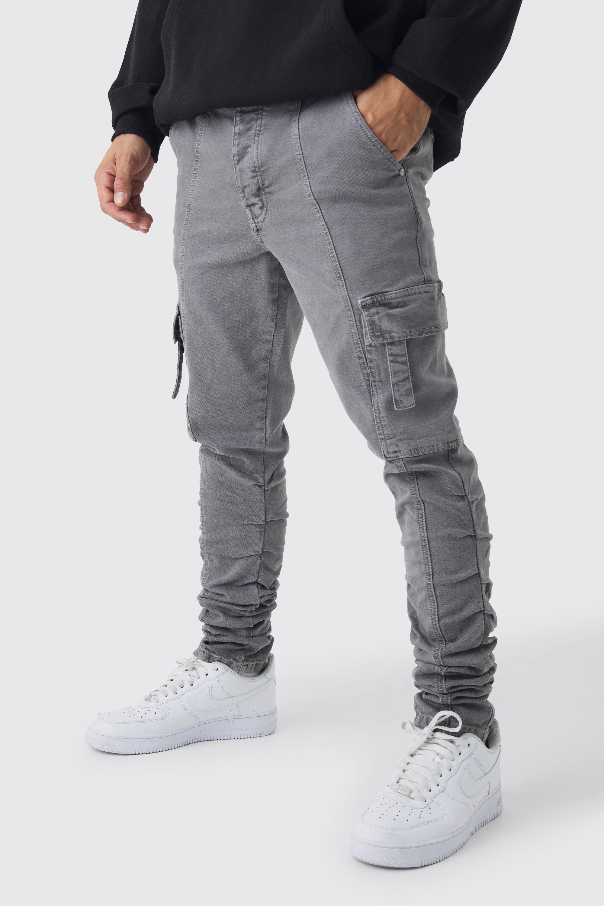 Mens Grey Skinny Stacked Ruched Strap Cargo Trousers, Grey