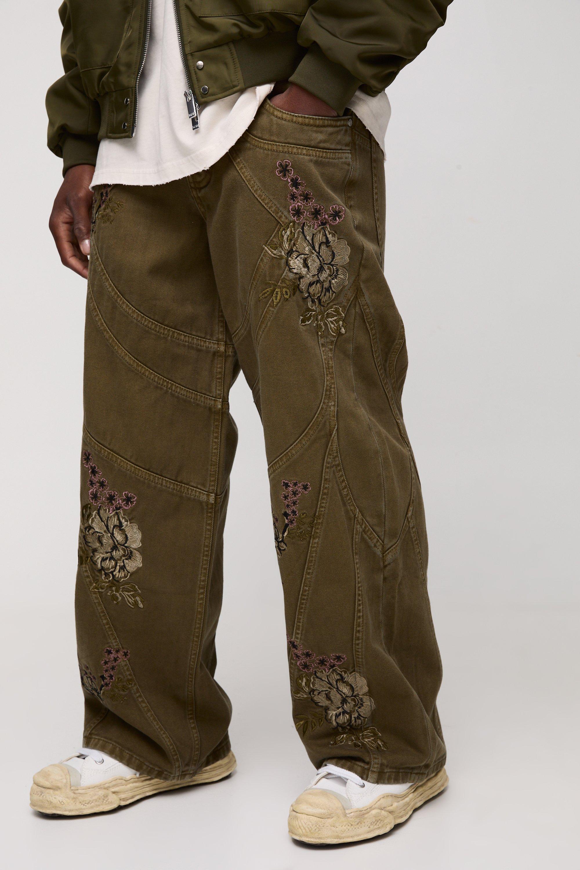 Mens Green Baggy Heavyweight Twill Panelled Embroidery Trousers, Green