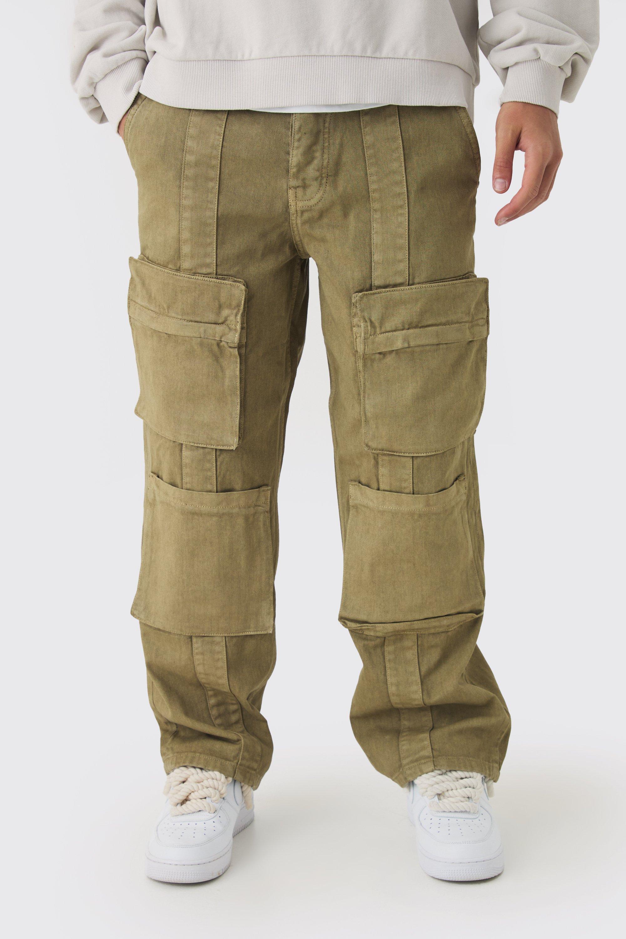 Pantaloni rilassati in twill sovratinta con tasche Cargo, Verde