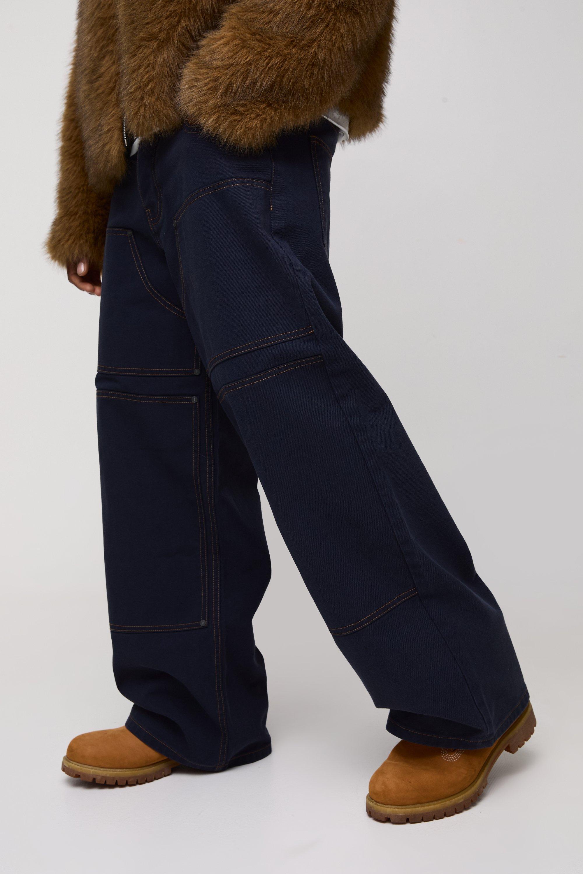 Mens Blue Baggy Twill Contrast Stitch Carpenter Trousers, Blue