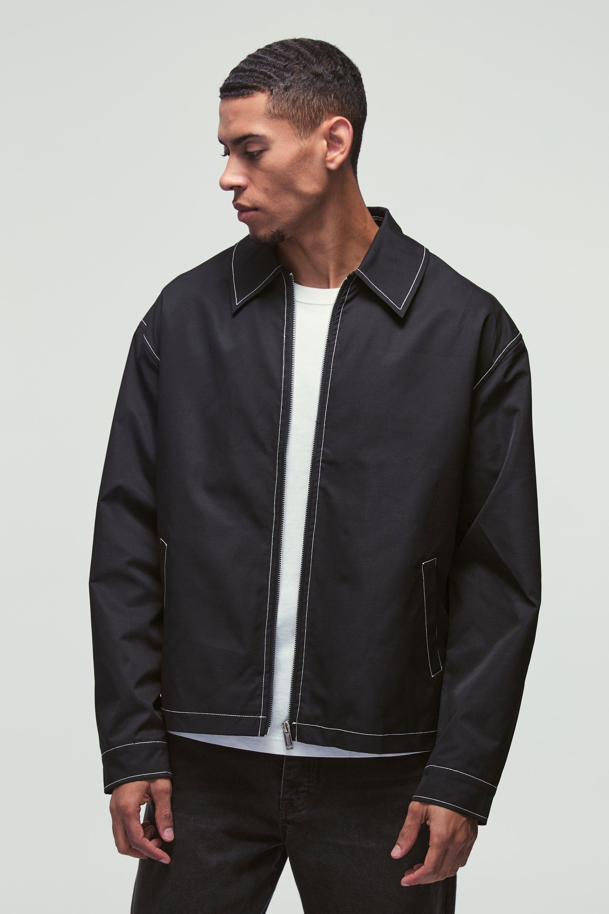 Mens Contrast Stitch MAN Tab Bomber Jacket in Black, Black
