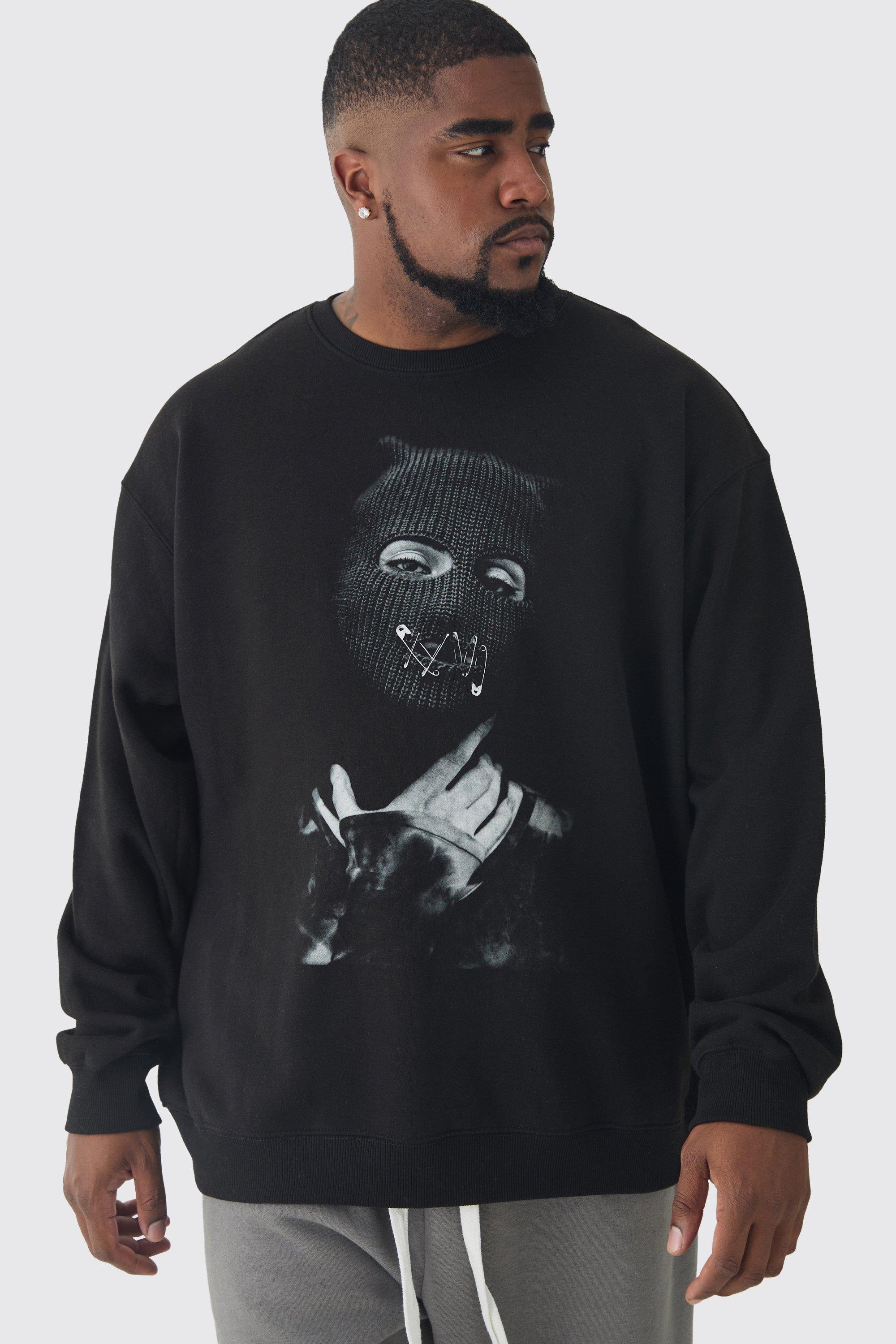 Mens Black Plus Balaclava Graphic Oversized Sweatshirt, Black