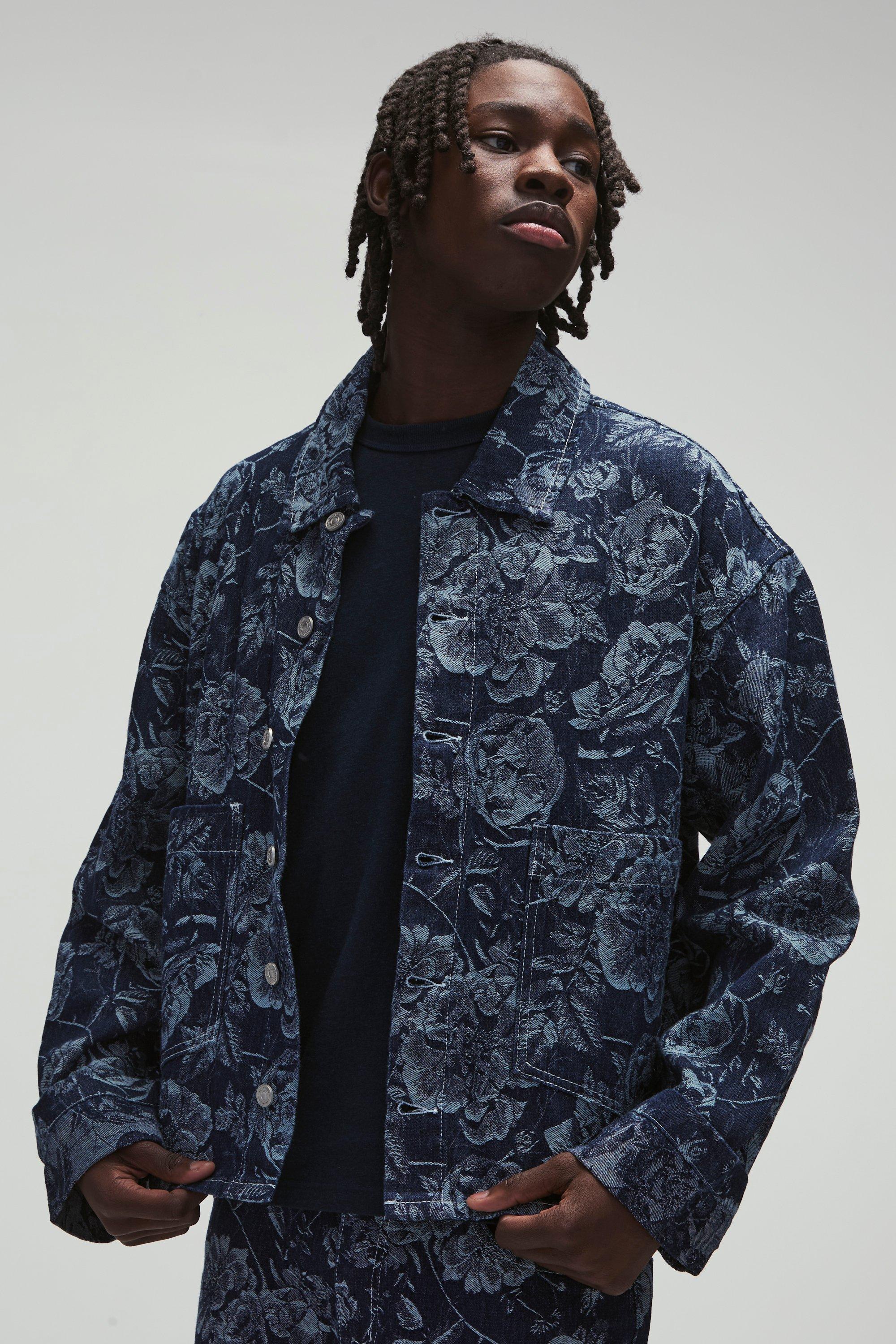 Mens Blue Oversized Floral Denim Jacquard Shirt, Blue