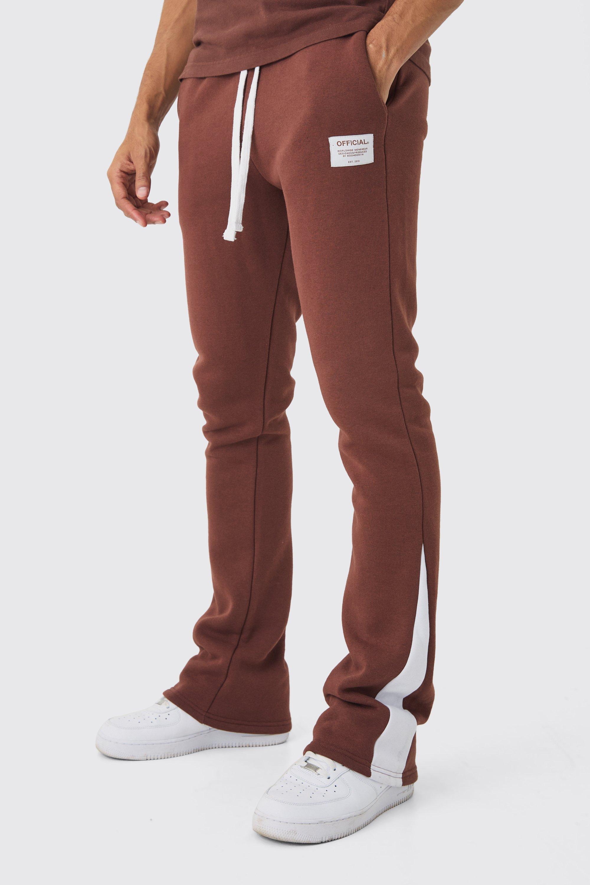 Mens Brown Slim Fit Flare Stacked Woven Tab Gusset Jogger, Brown