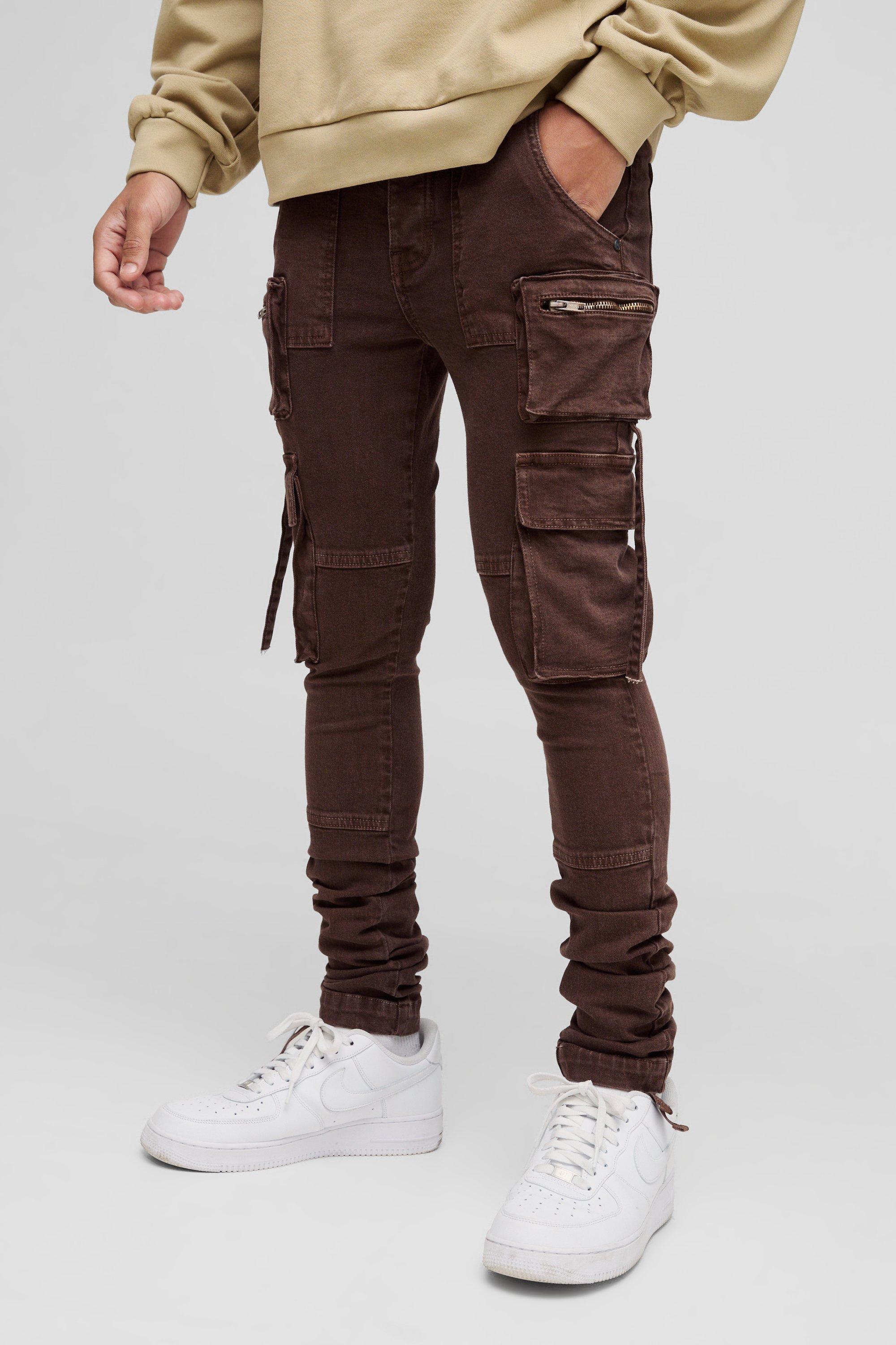 Boohoo Chocolate Acid Wash Gebleekte Super Skinny Stretch Cargo Jeans, Chocolate