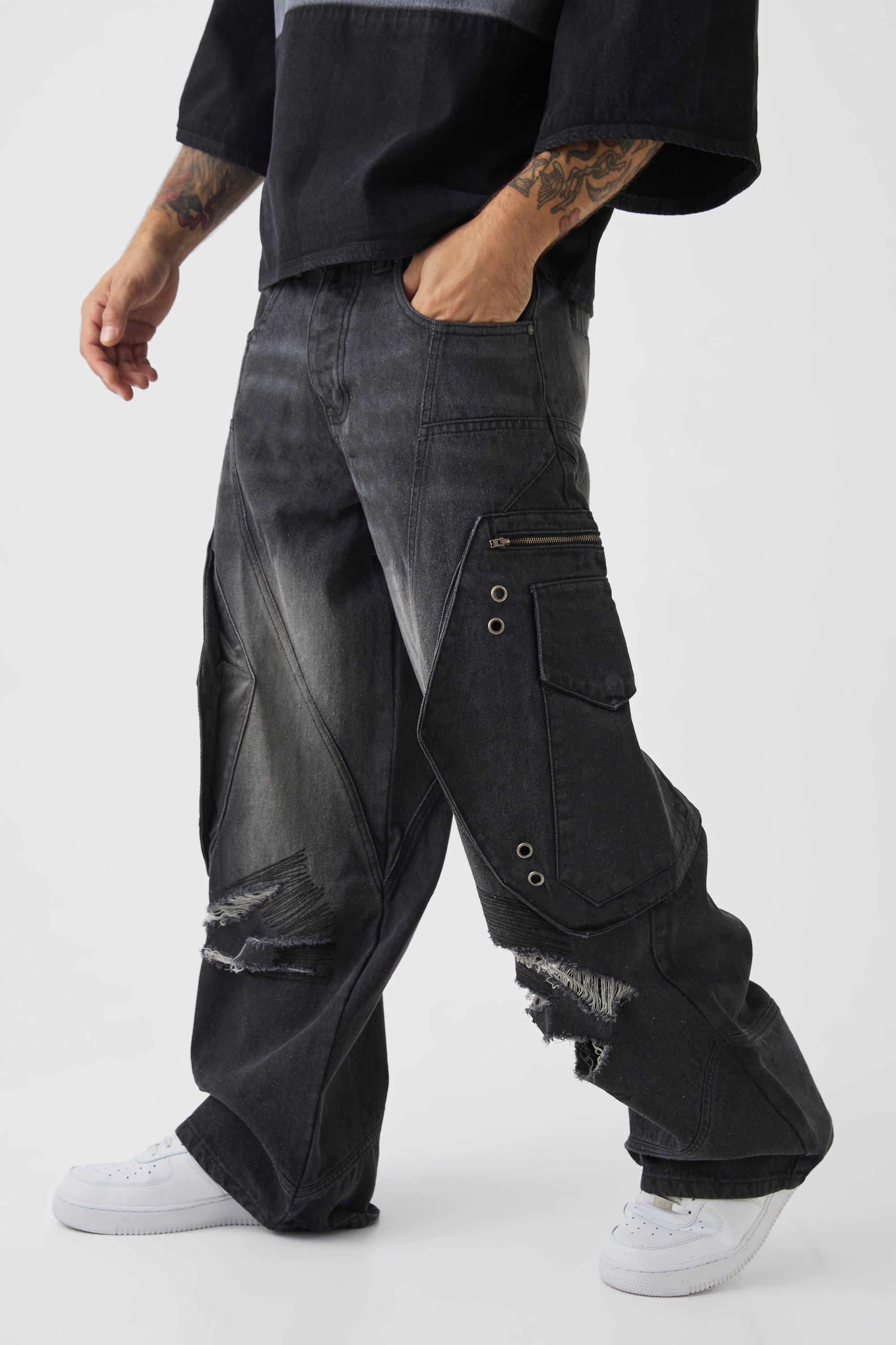 Mens Black Baggy Fit Ripped 3D Cargo Jeans, Black