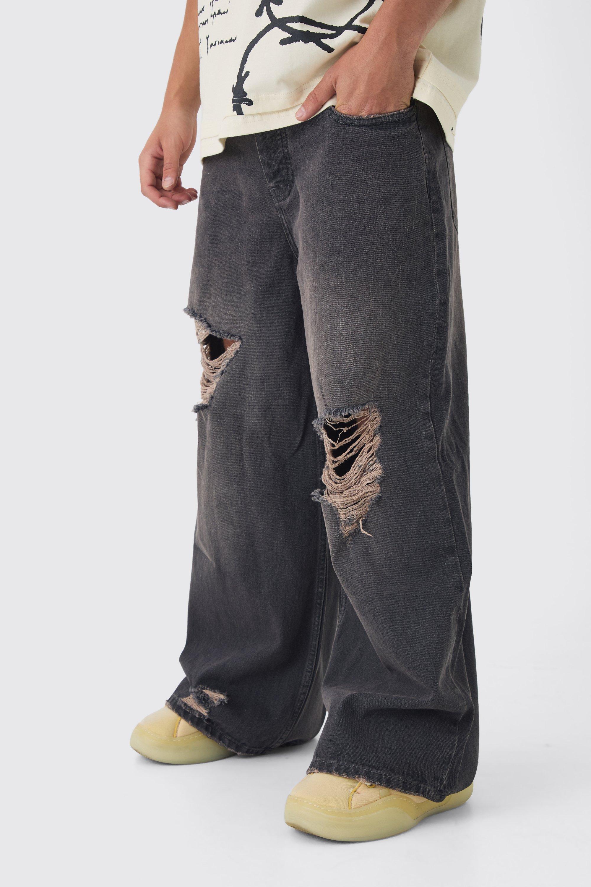 Mens Grey Extreme Baggy Ripped Pink Tint Jeans, Grey