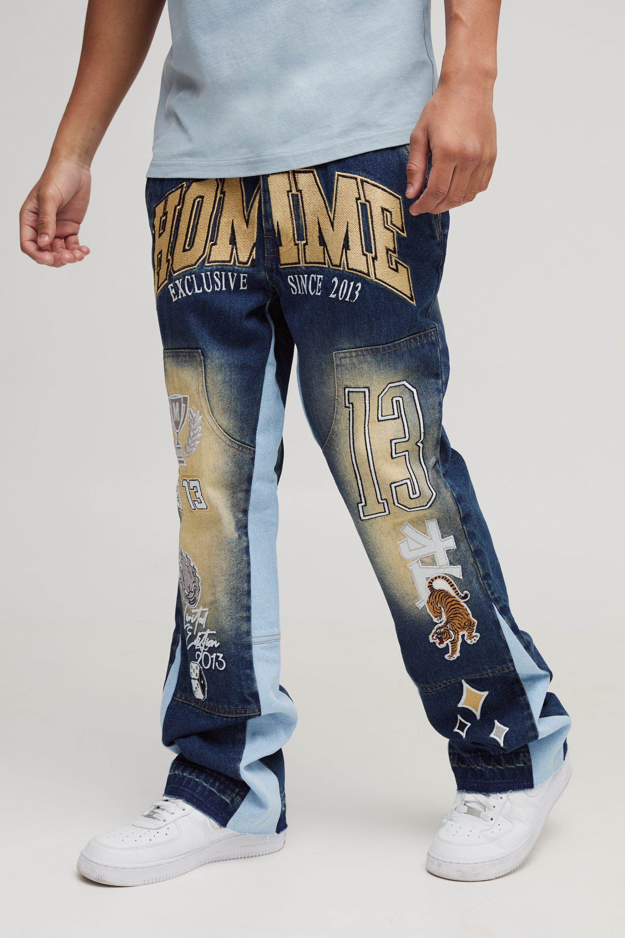 Jeans a zampa Slim Fit in denim rigido stile Carpenter con inserti stile Varsity, Azzurro