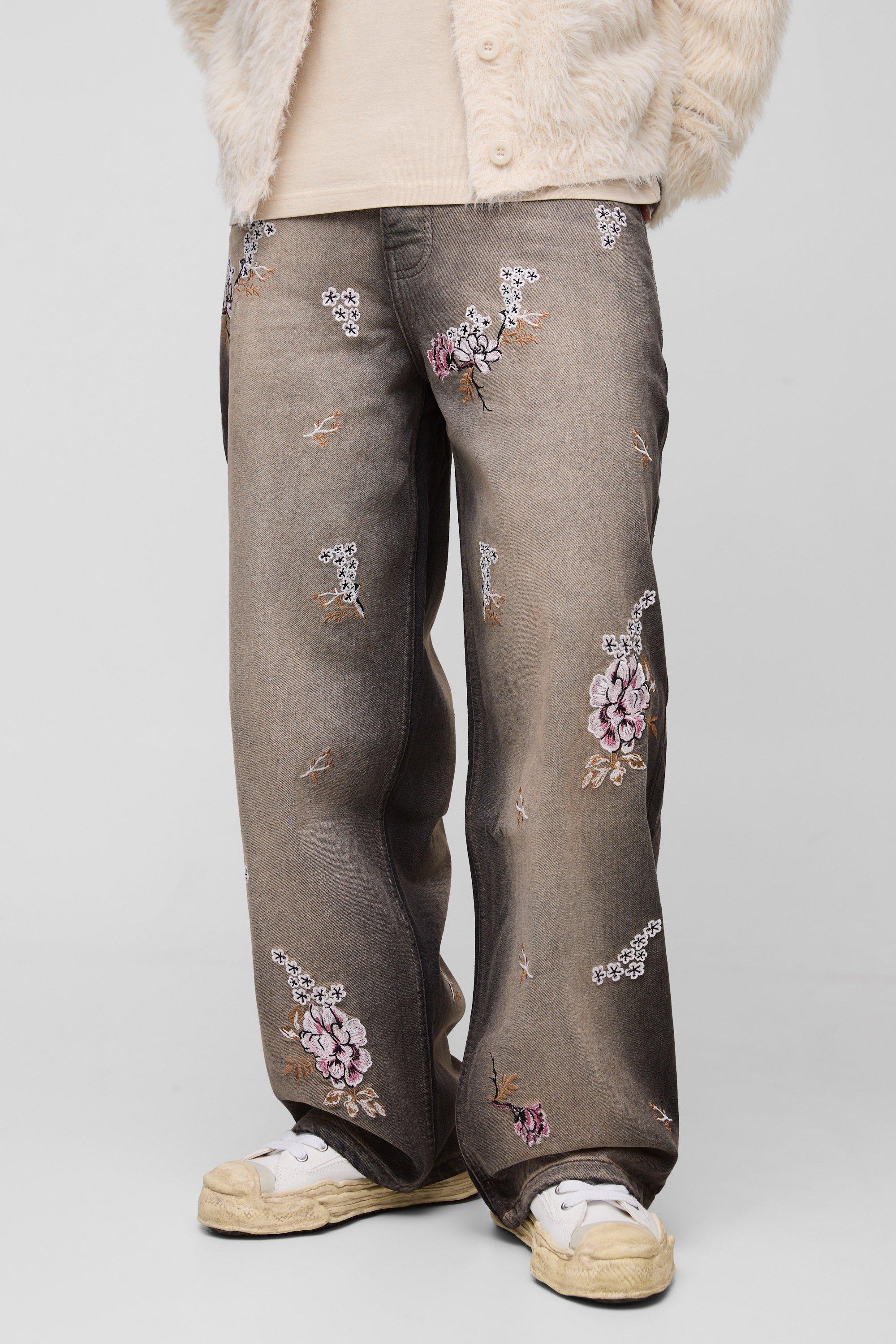 Mens Brown Baggy Rigid Floral Embroidered Jeans, Brown