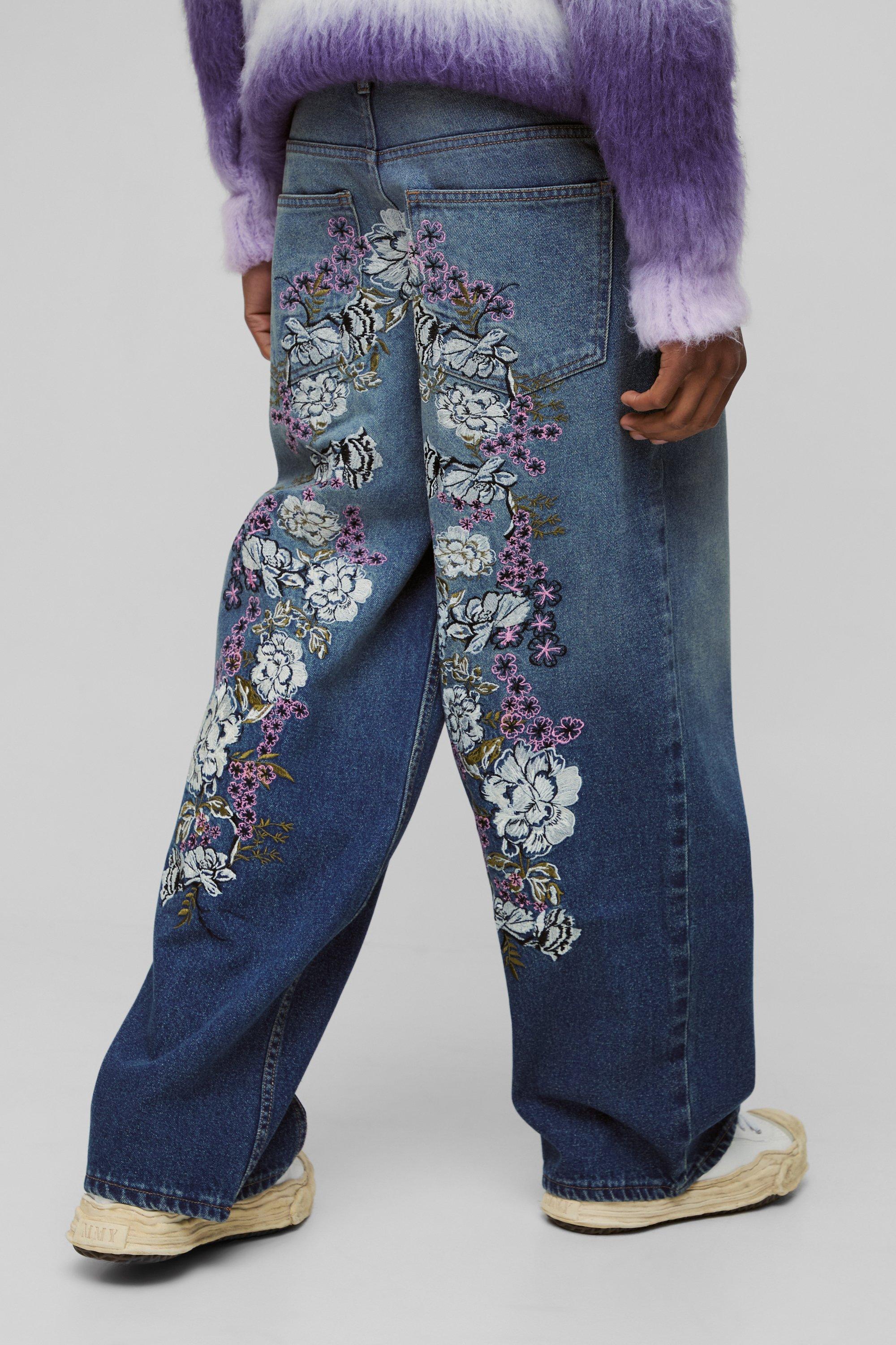 Boohoo Onbewerkte Baggy Geborduurde Bloemen Jeans Met Panelen, Vintage Blue