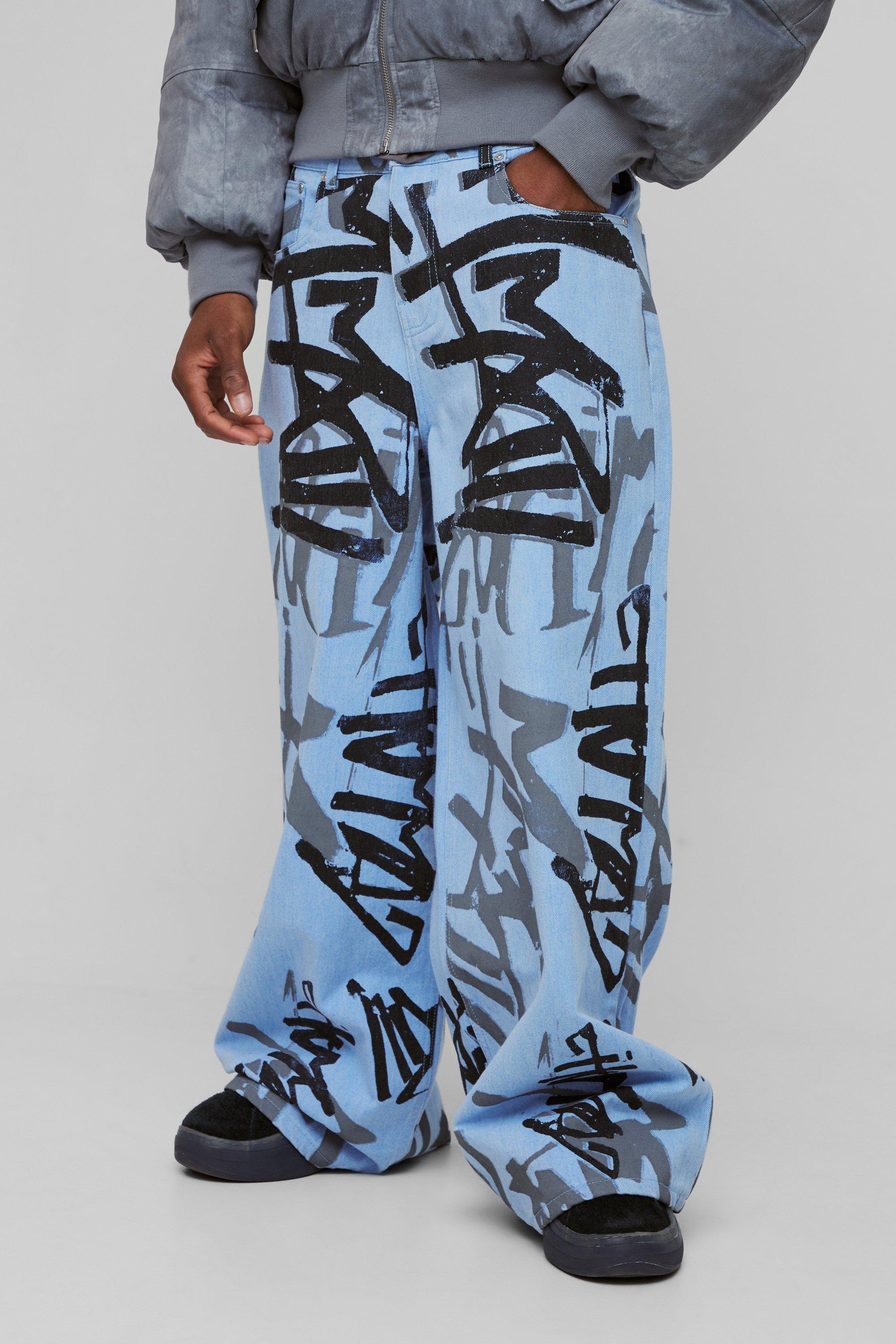 Jeans extra comodi con stampa stile Graffiti, Azzurro