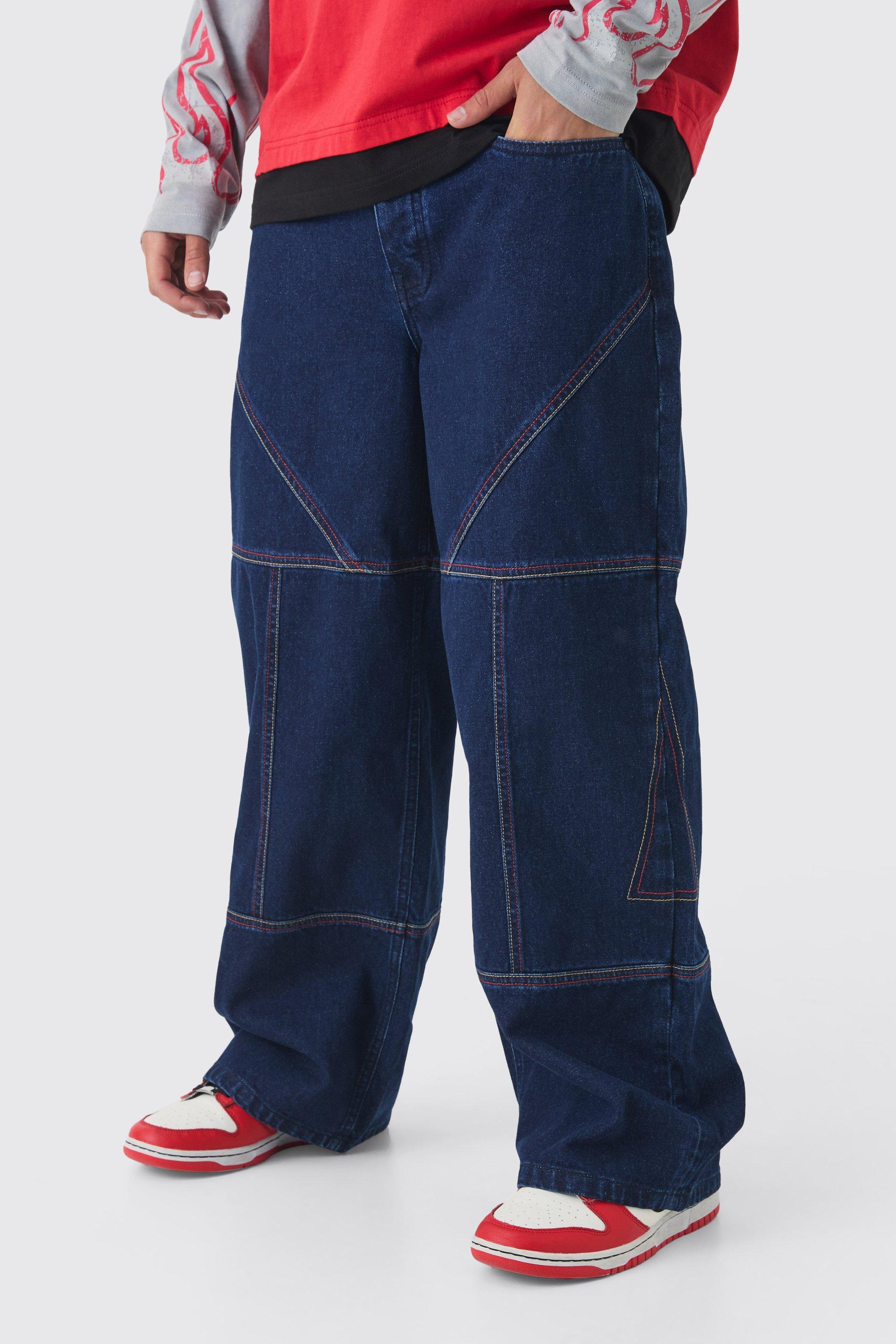 Mens Blue Baggy Rigid Contrast Stitch Denim Jeans, Blue