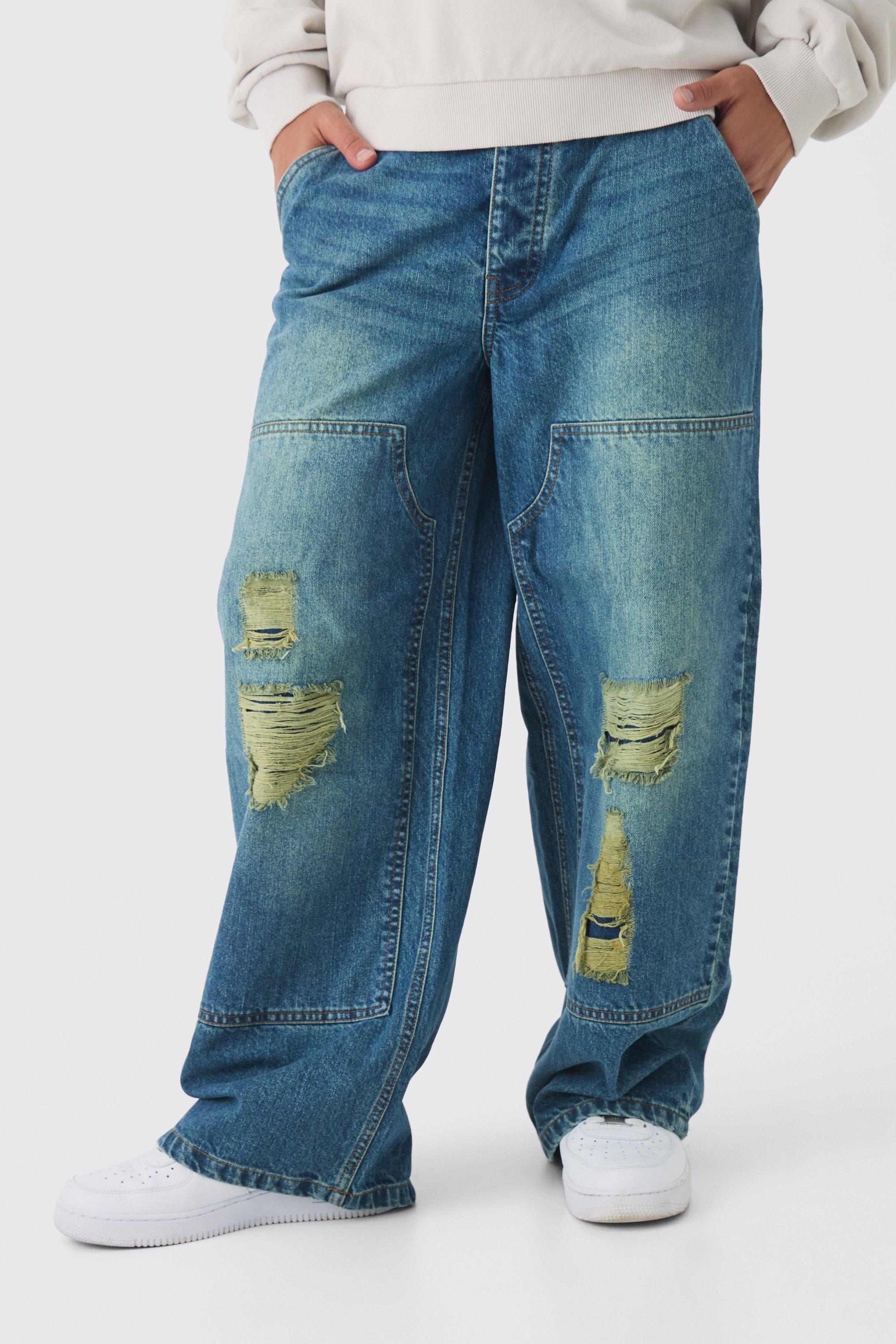 Jeans extra comodi in denim rigido stile Carpenter con strappi in lavaggio sporco, Grigio