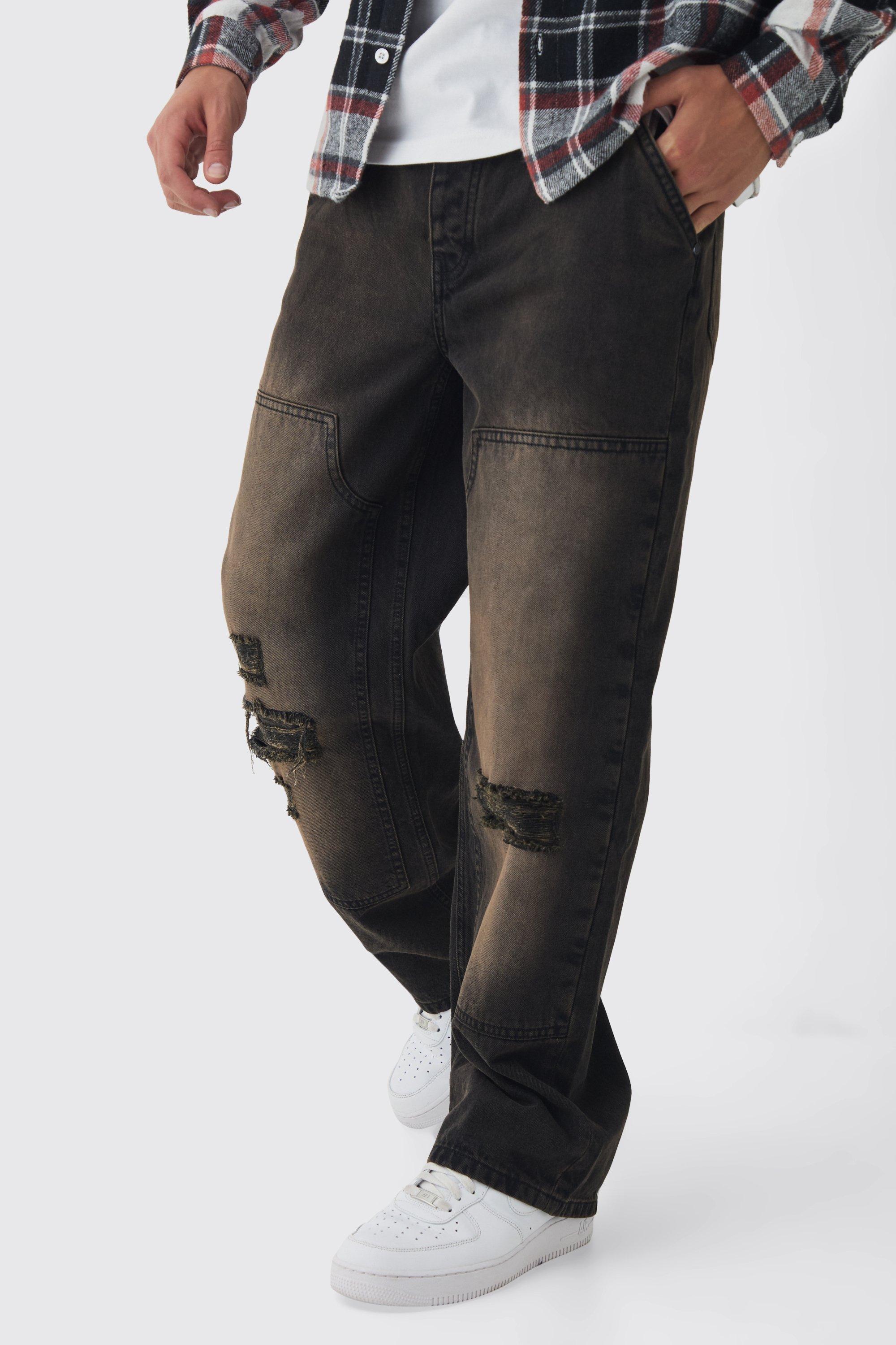 Jeans rilassati in denim rigido stile Carpenter in lavaggio sporco con strappi, Brown