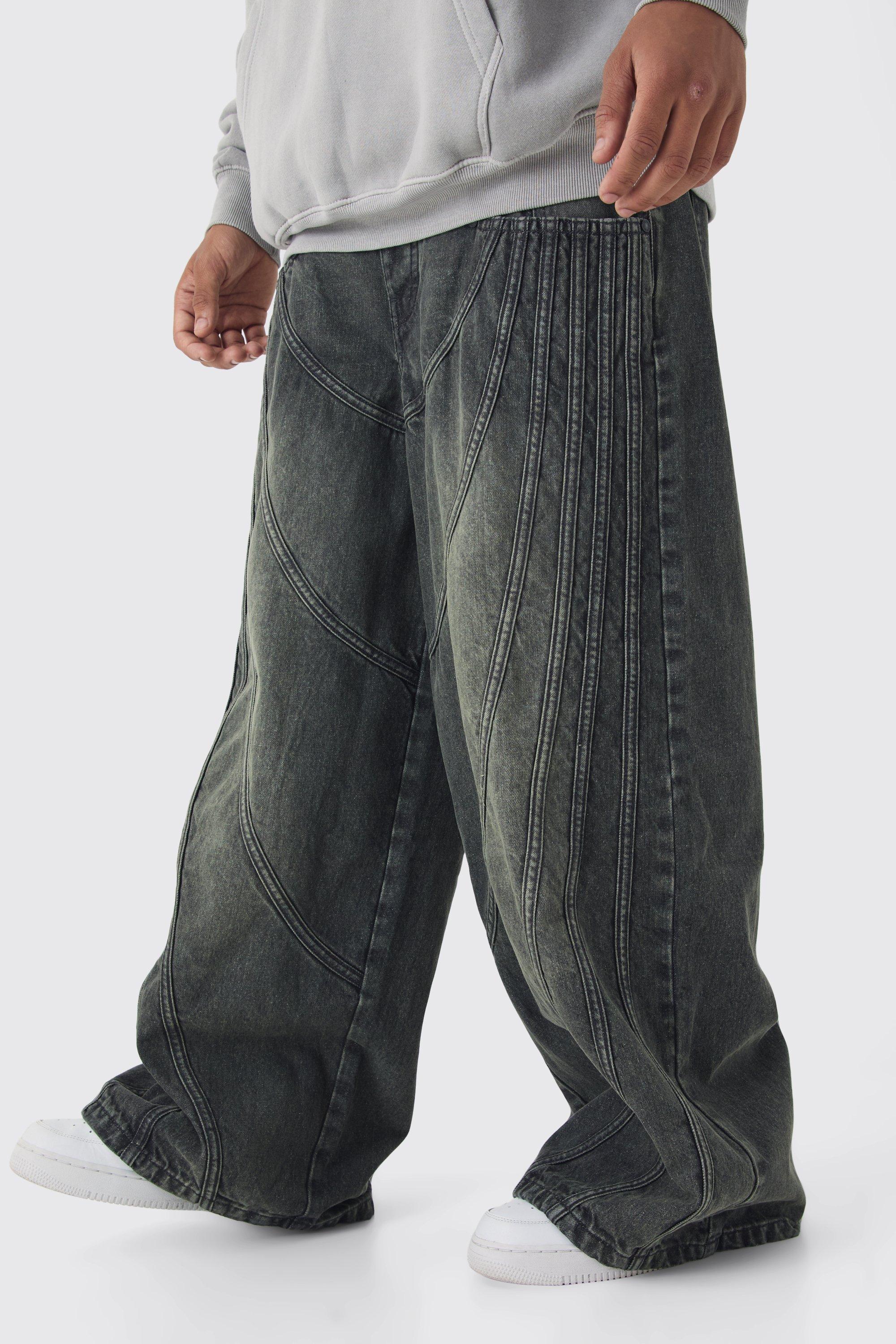 Mens Grey Extreme Baggy Rigid Panelled Tinted Denim Jeans, Grey