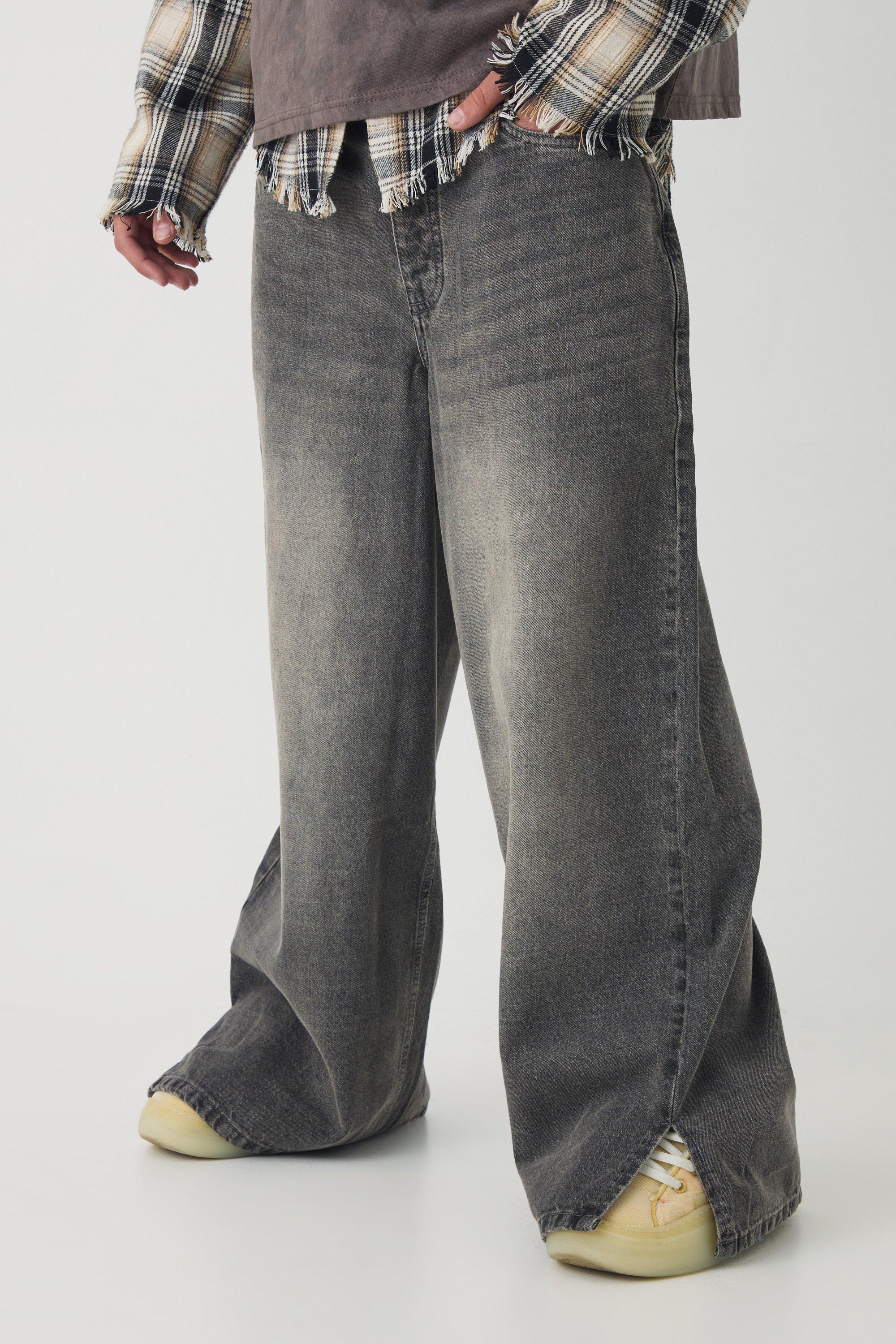 Jeans extra comodi in denim rigido super slavato con spacco sul fondo, Grigio