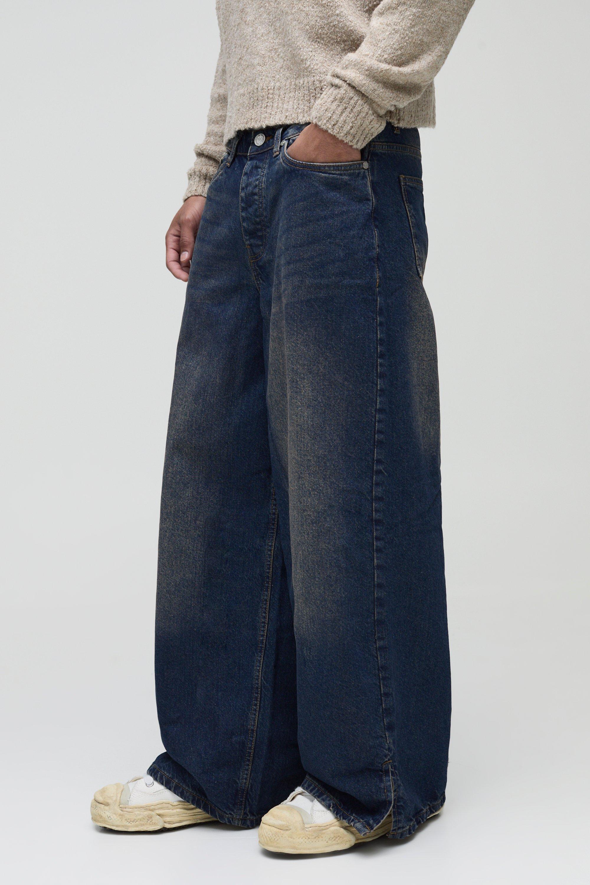 Image of Jeans extra comodi in denim rigido super slavato con spacco sul fondo, Azzurro