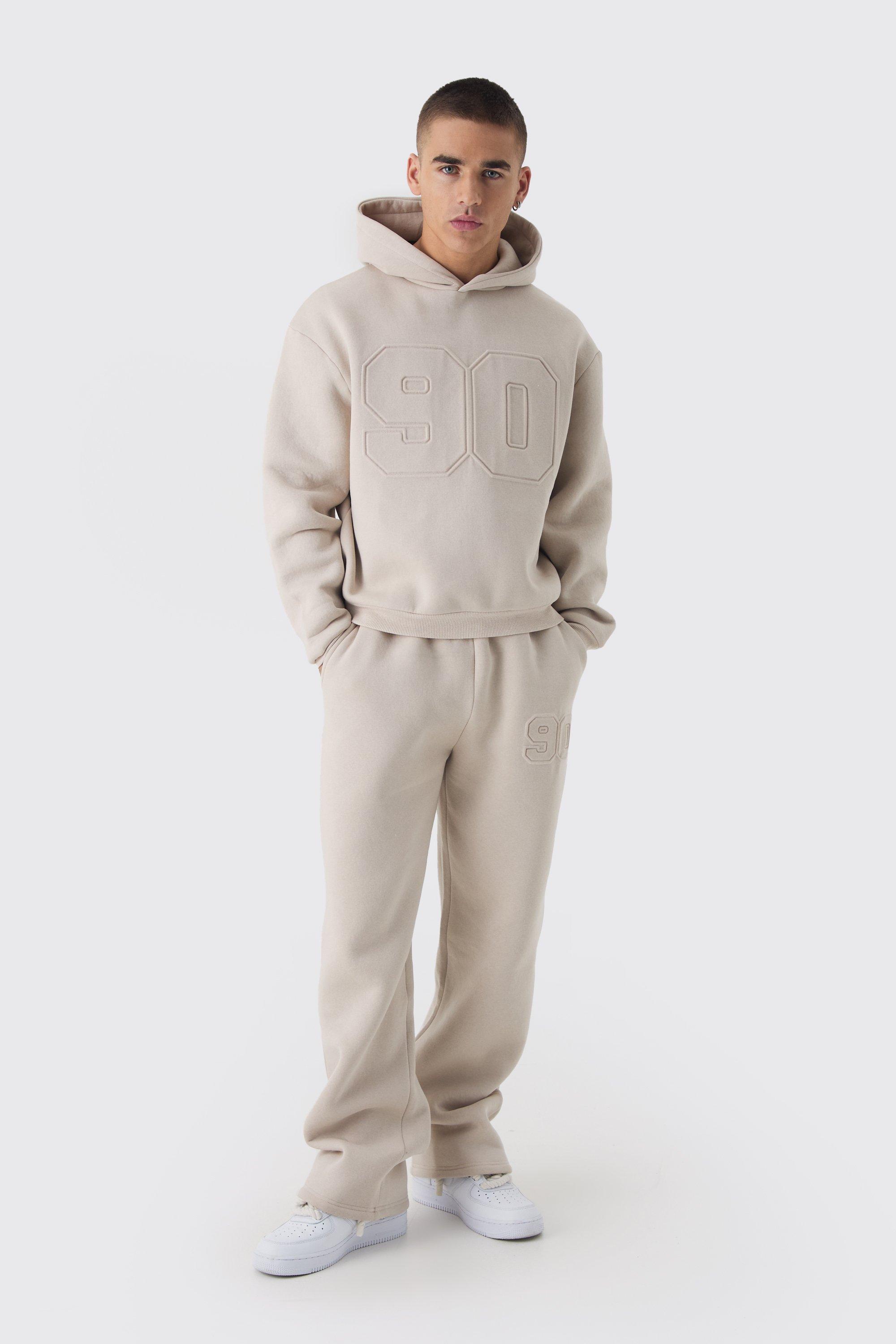Mens Beige Oversized Boxy Varsity Embossed Hoodie Tracksuit, Beige