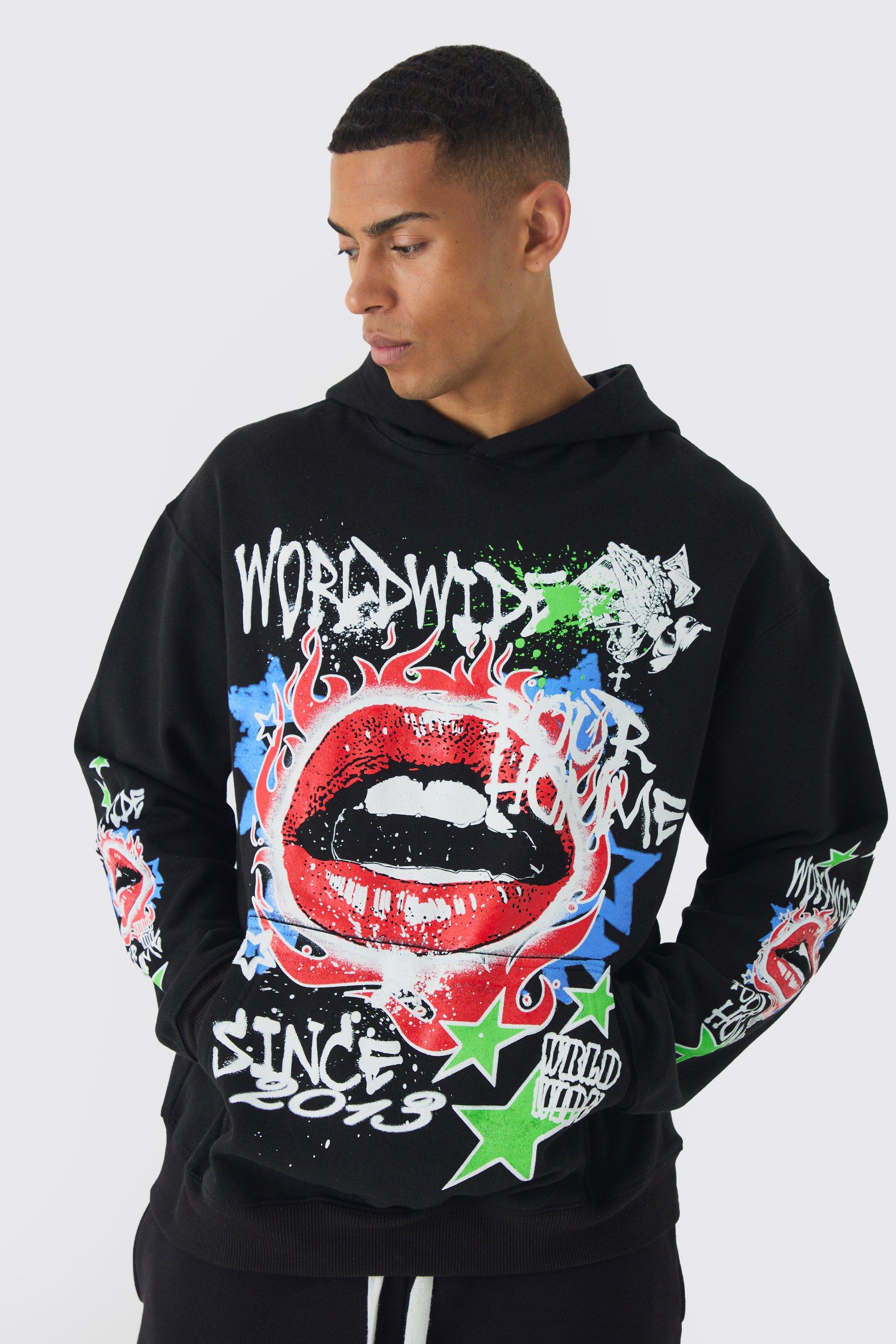 Mens Black Oversized Lip Graffiti Graphic Hoodie, Black