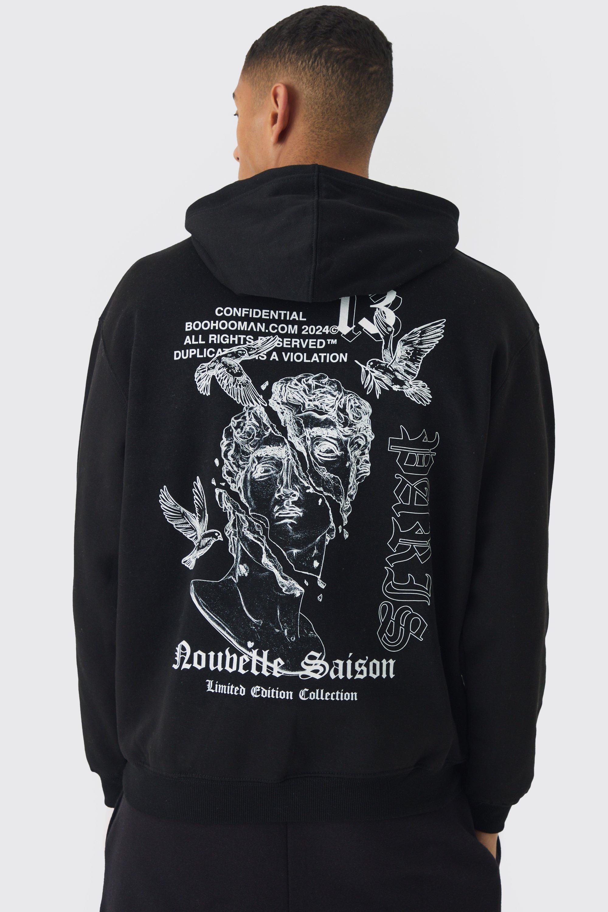 Mens Black Oversized Renaissance Line Drawing Printed Hoodie, Black