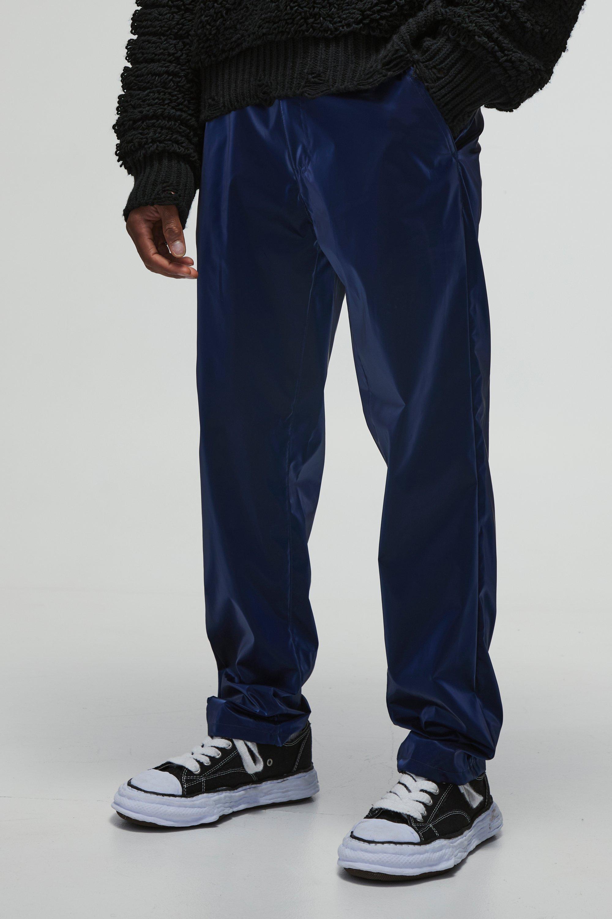 Mens Navy Straight Fit Liquid Nylon Trousers, Navy
