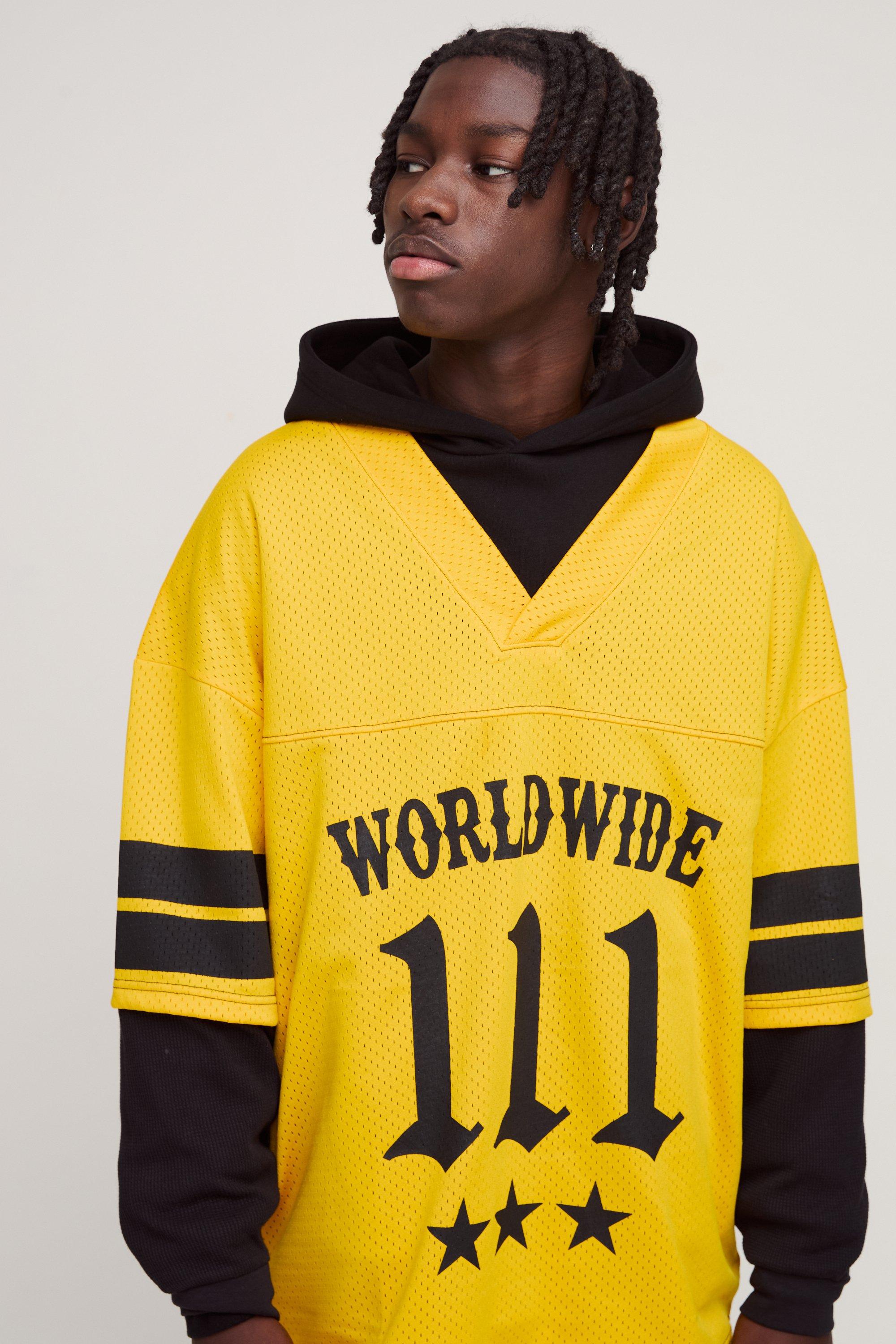 Mens Yellow Regular Fit Varsity V Neck Moto Print Waffle & Airtex T-Shirt With Faux Layer Hem, Yellow