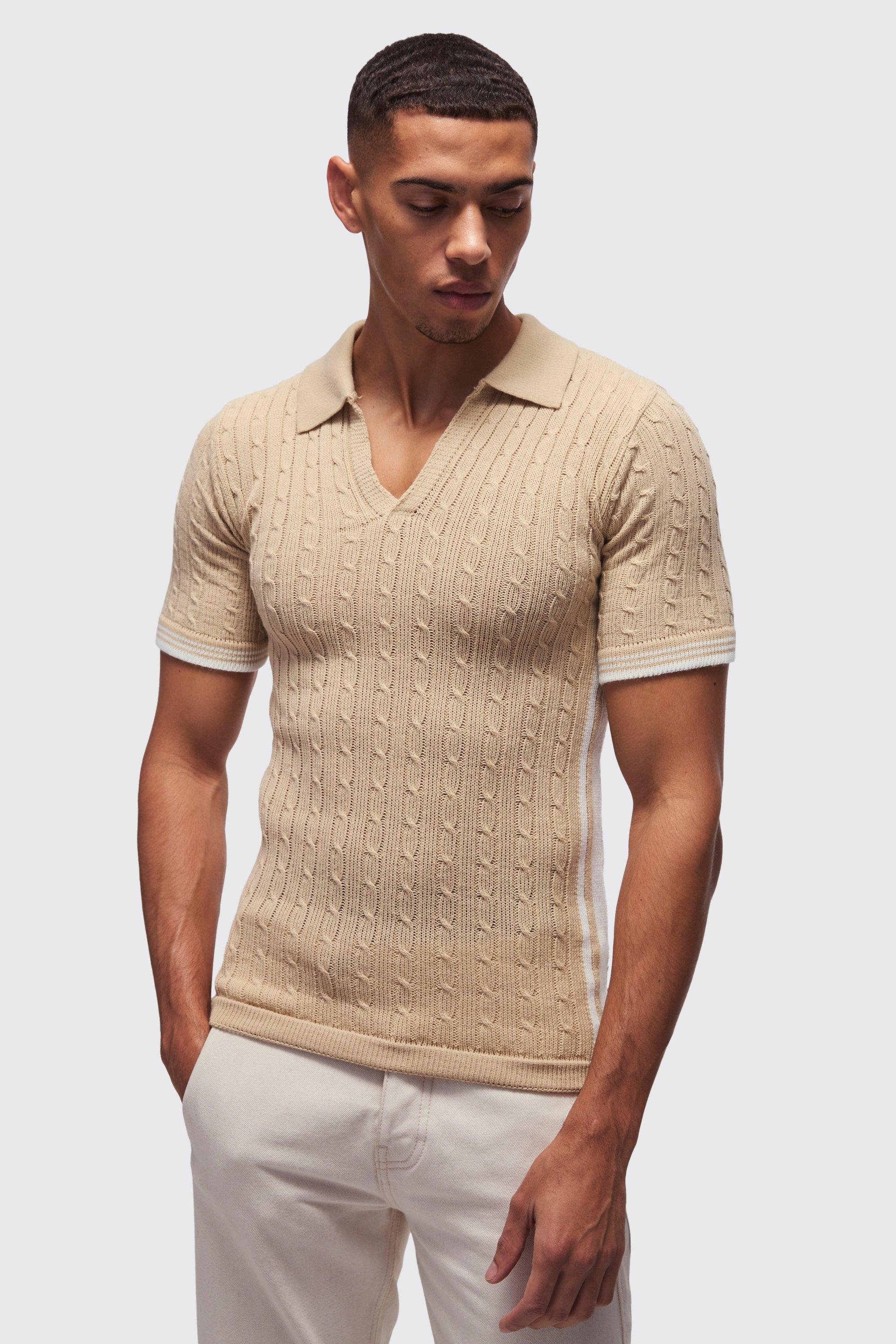 Polo attillata in maglia con scollo a V, Beige