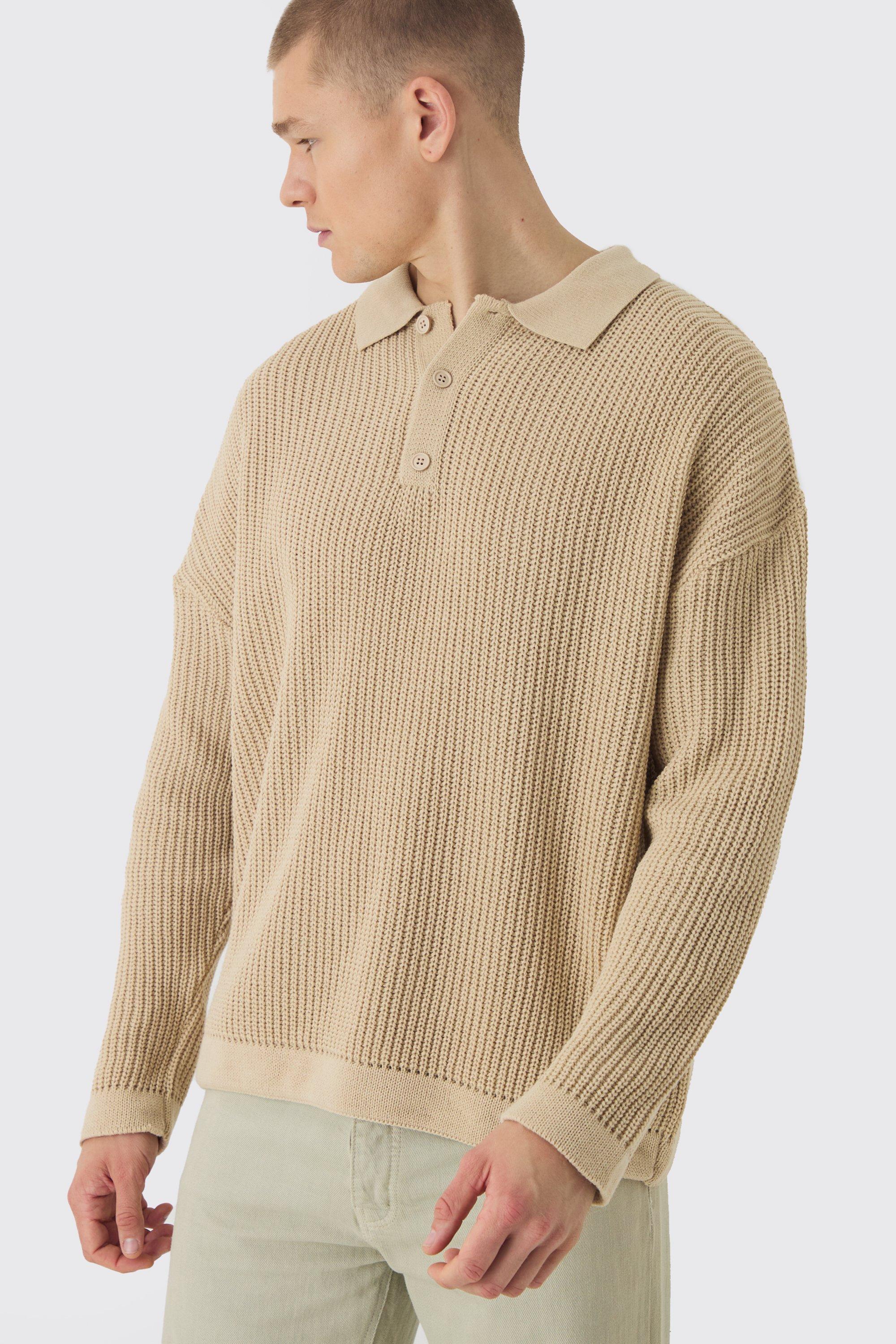 Pullover squadrato oversize in maglia spessa stile polo, Beige