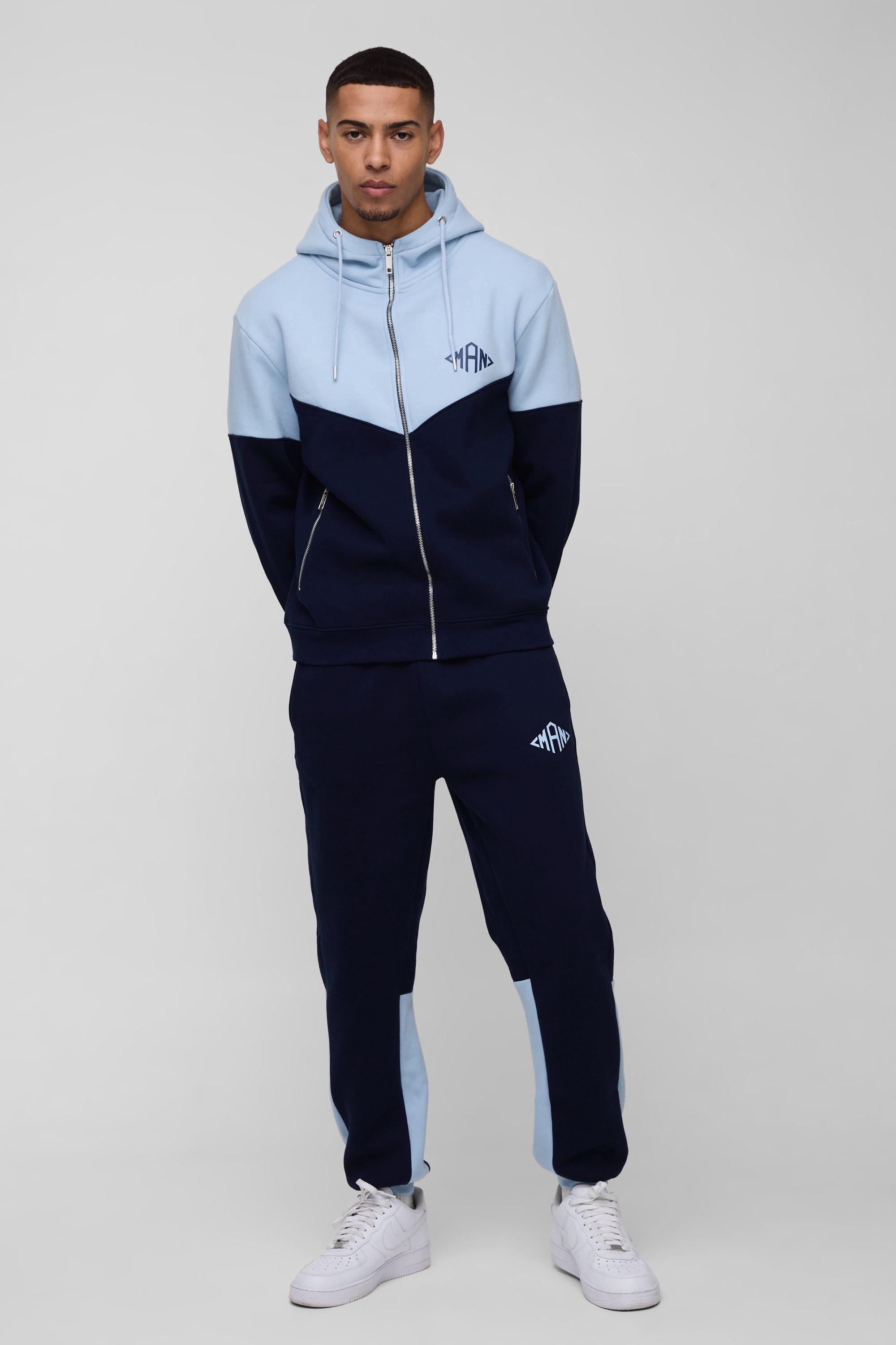 Mens Navy Regular Fit Man Diamond Colour Block Zip Through Hooded Tracksuit, Navy