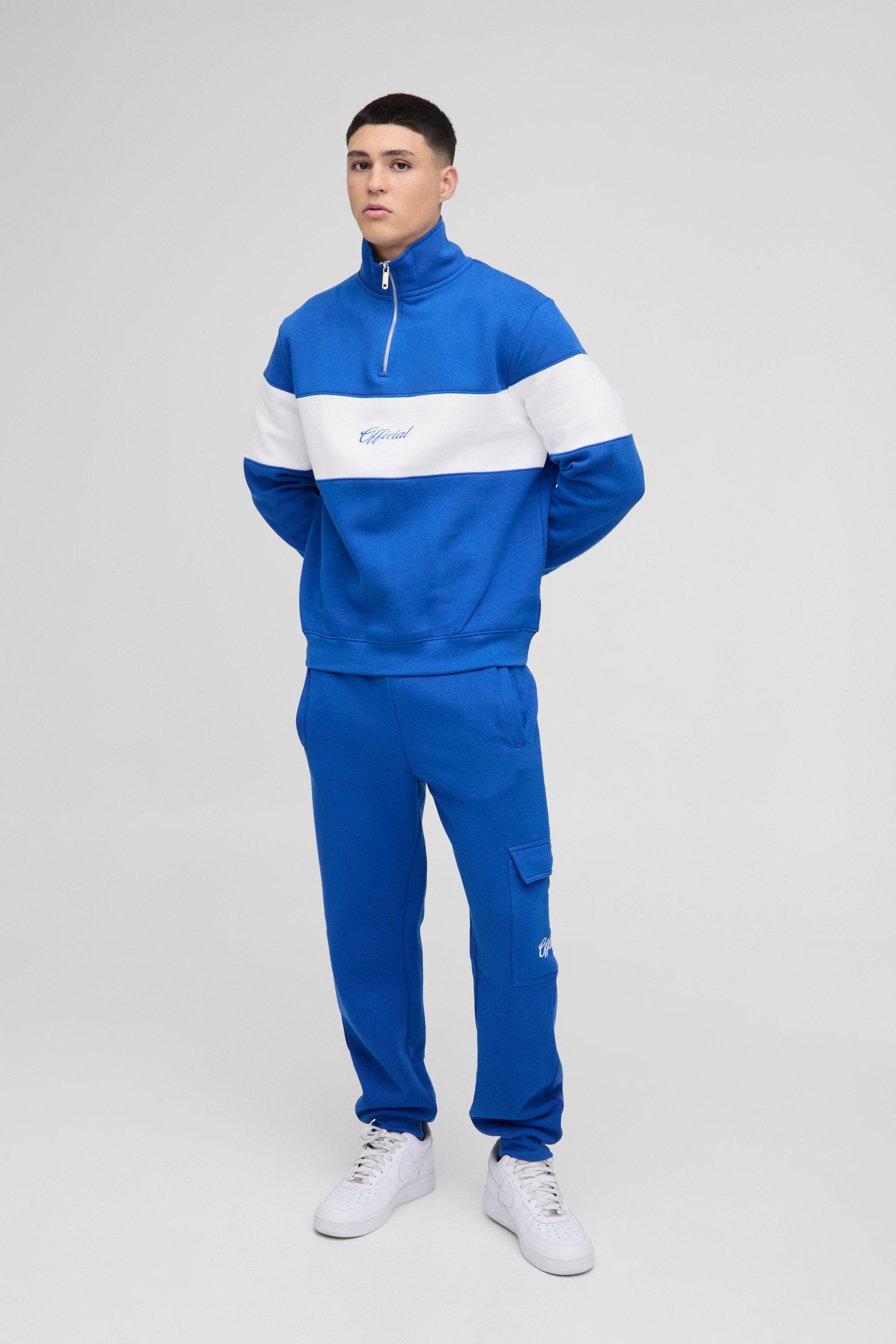 Mens Blue Regular Fit Man Diamond Colour Block Zip Funnel Neck Tracksuit, Blue