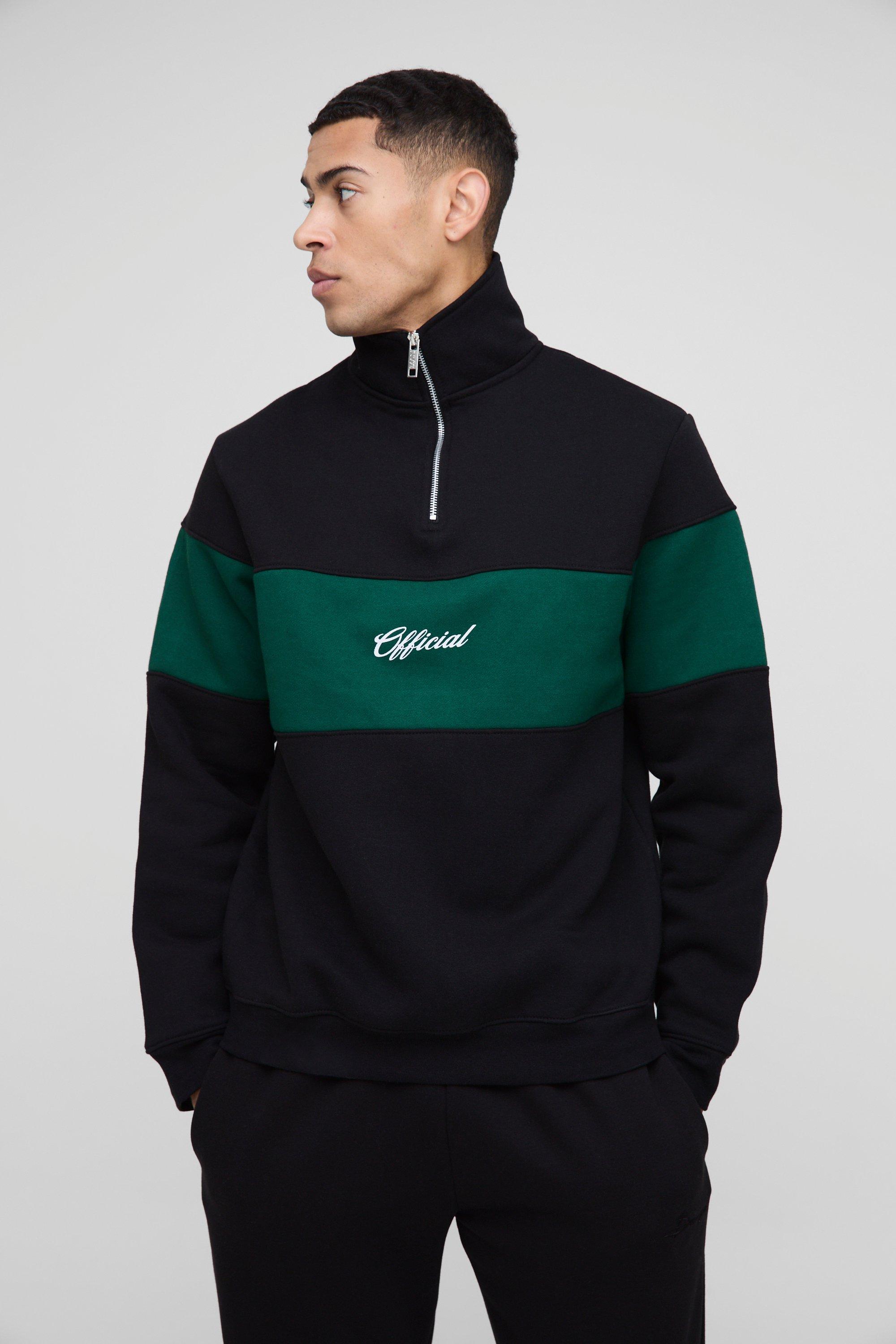 Mens Black Regular Fit Man Official Colour Block Zip Funnel Neck Sweat, Black