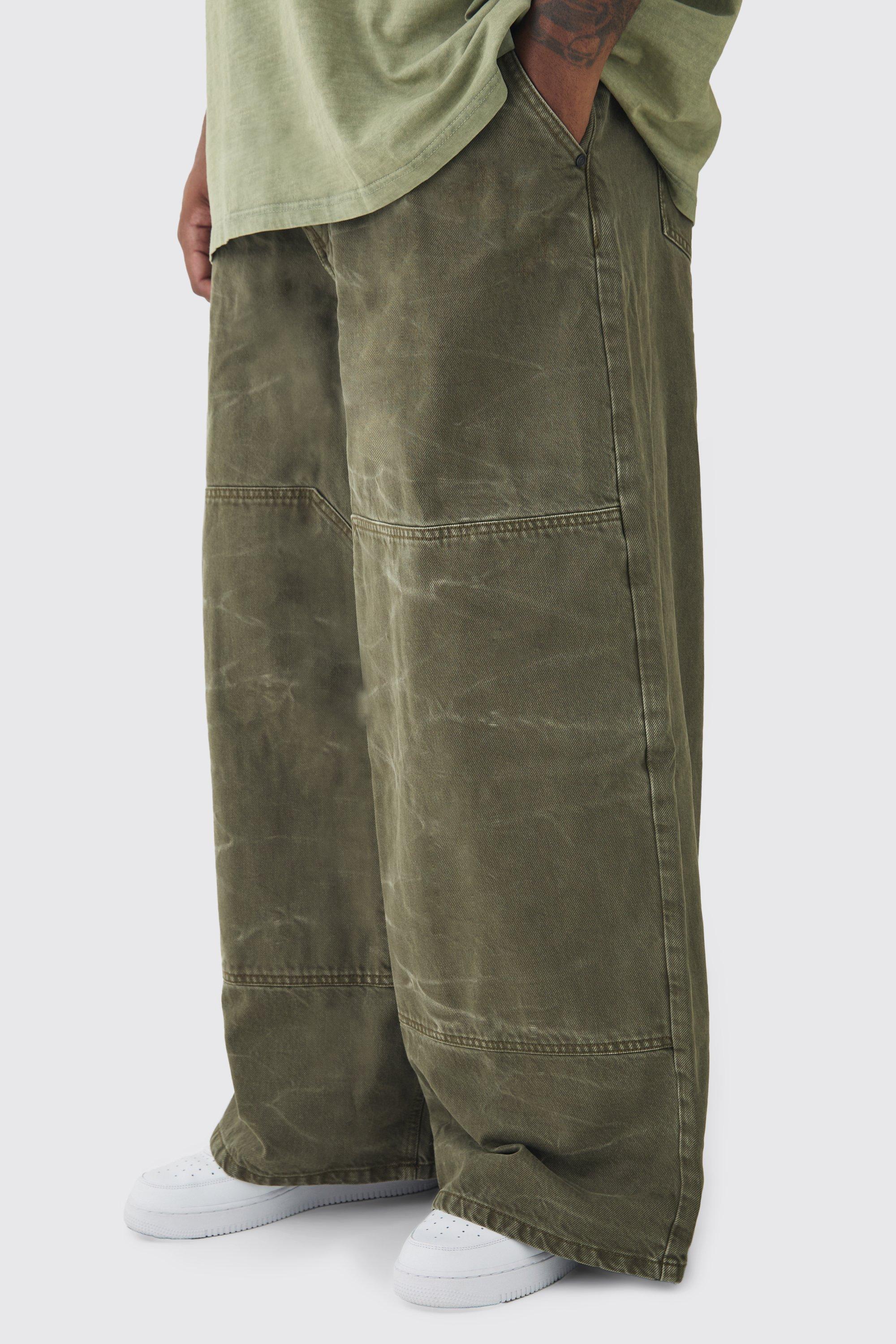 Mens Green Plus Baggy Fit Acid Wash Carpenter Trousers, Green