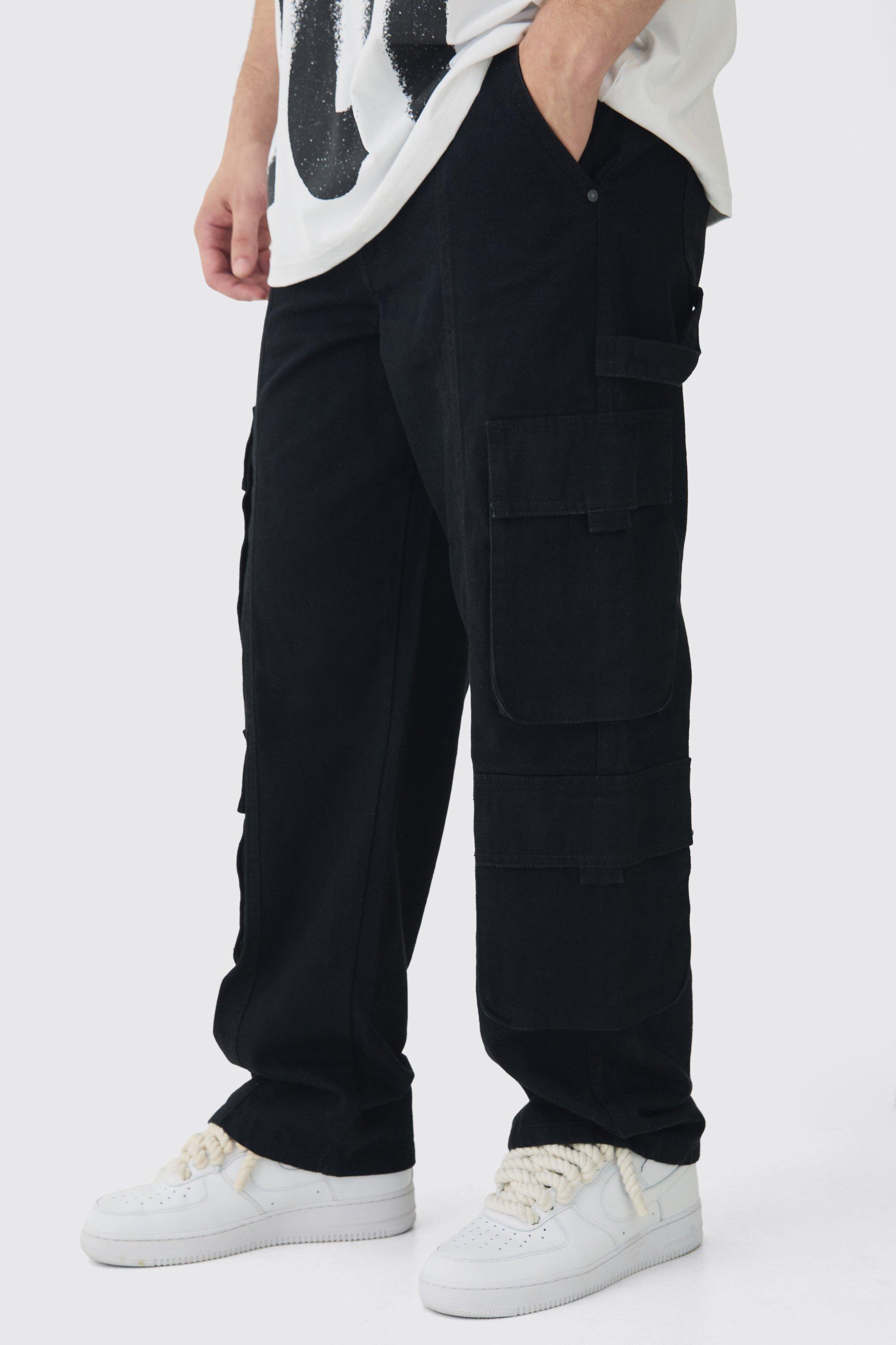 Mens Black Tall Relaxed Fit Large Pocket Cargo Trousers, Black