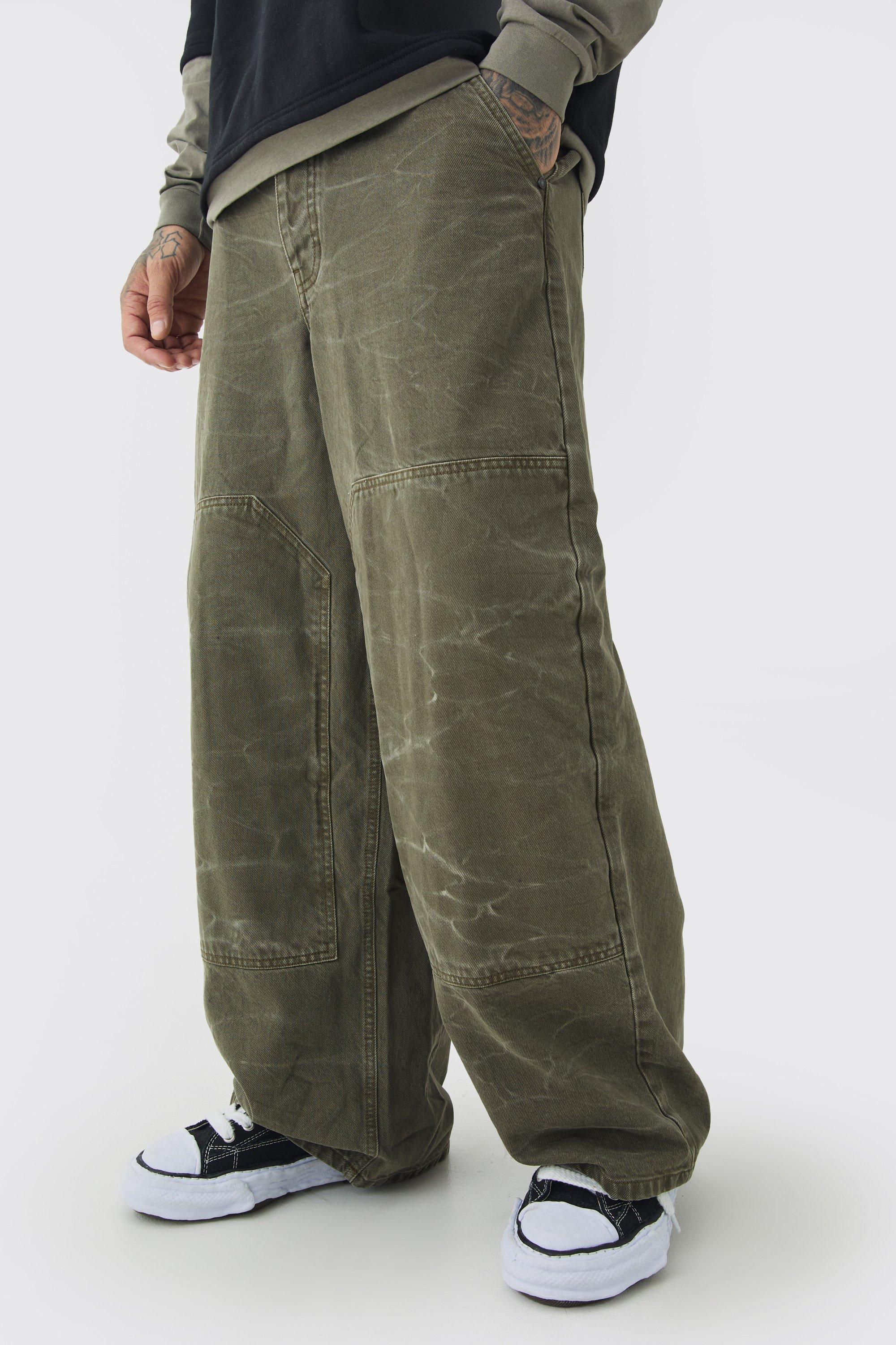 Mens Green Tall Baggy Fit Acid Wash Carpenter Trousers, Green