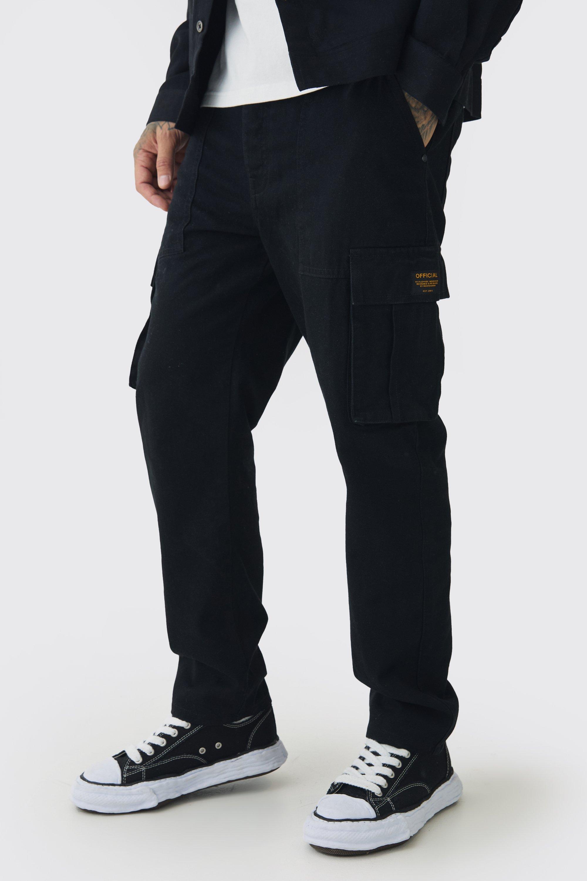 Mens Tall Tapered Fit Cargo Trousers in Black, Black