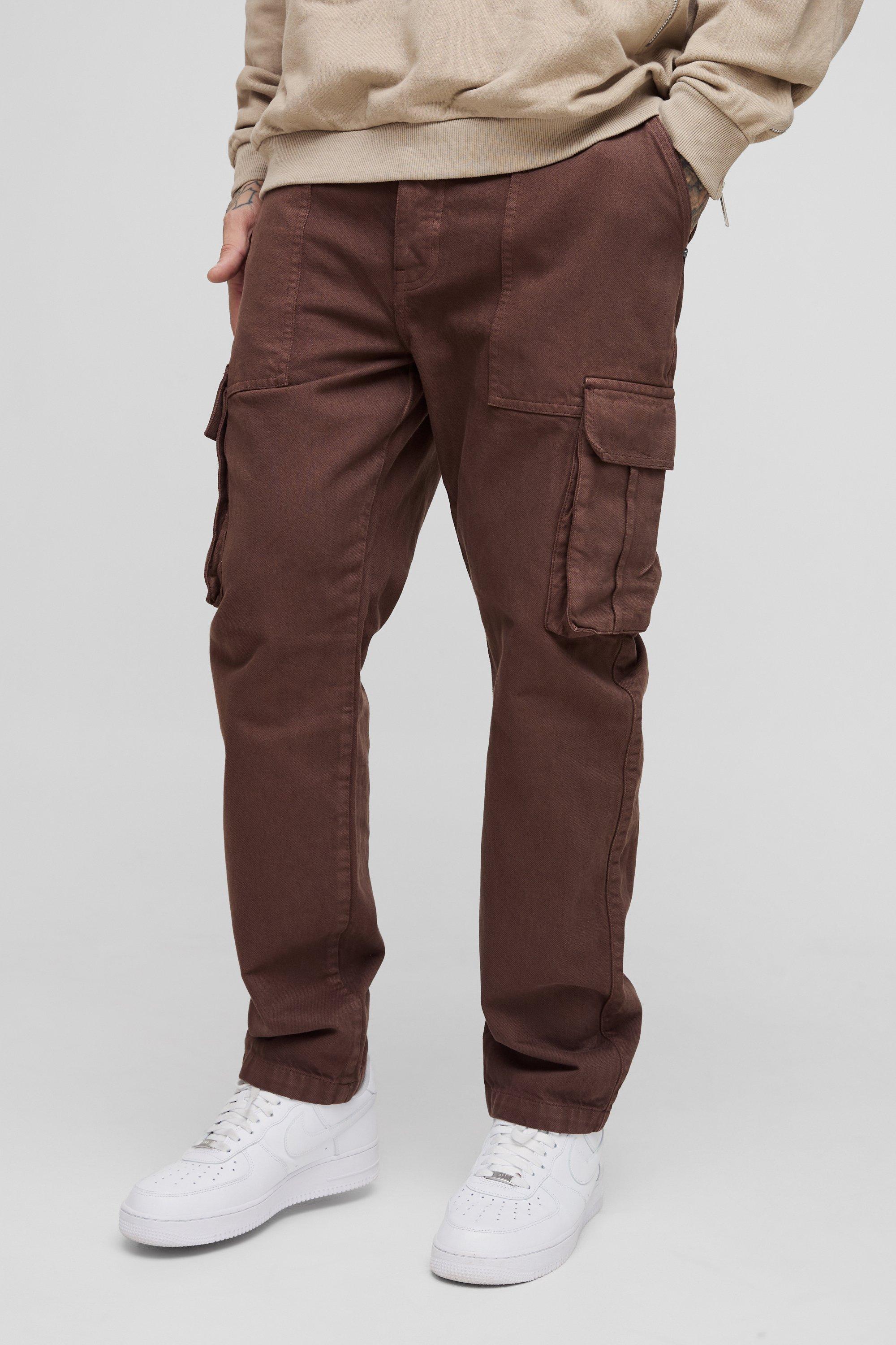 Mens Brown Tall Tapered Fit Cargo Trousers in Chocolate, Brown