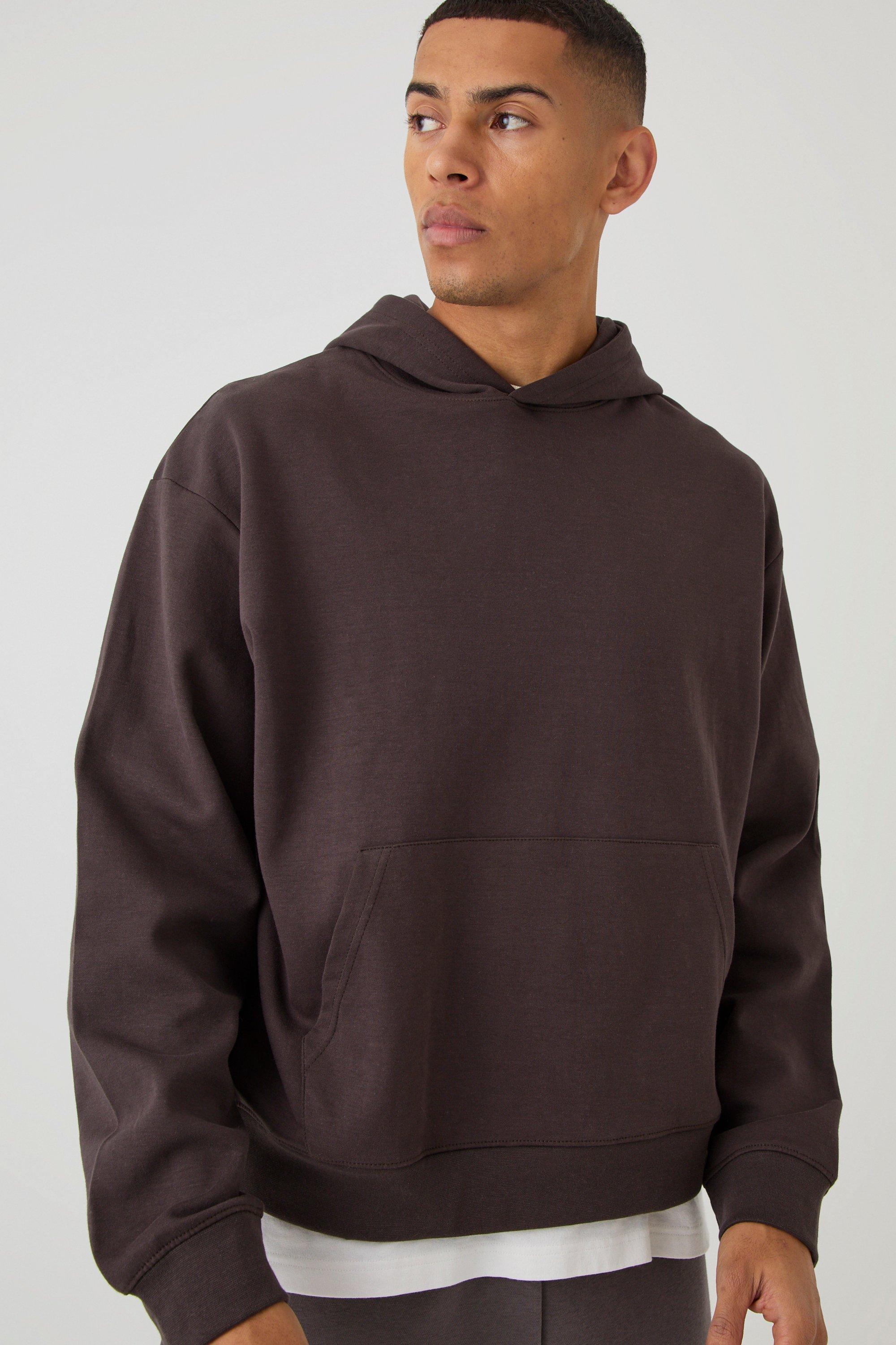 Mens Brown Oversized Boxy Heavyweight Interlock Hoodie, Brown