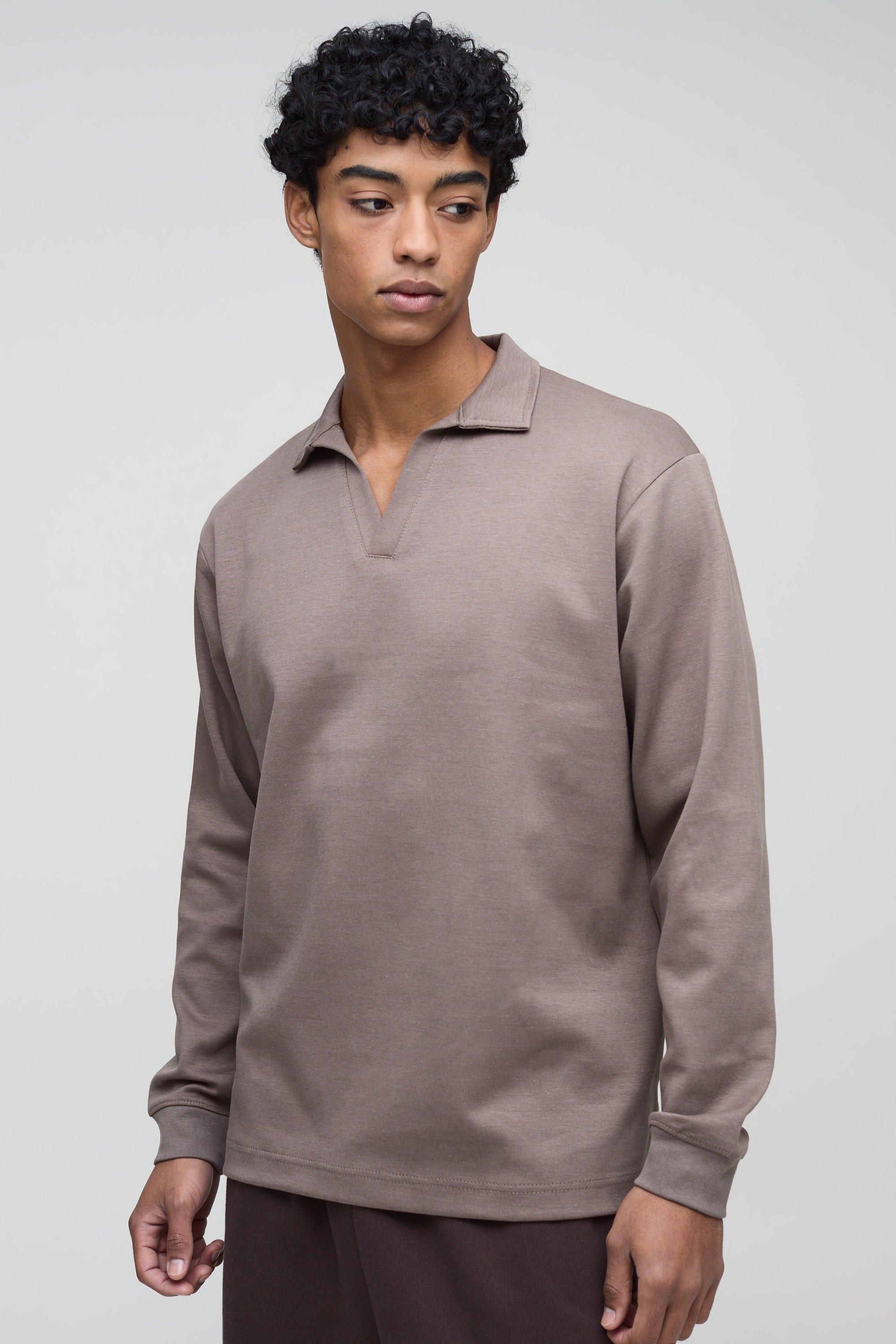 Mens Beige Regular Fit Heavyweight Interlock V Neck Polo, Beige