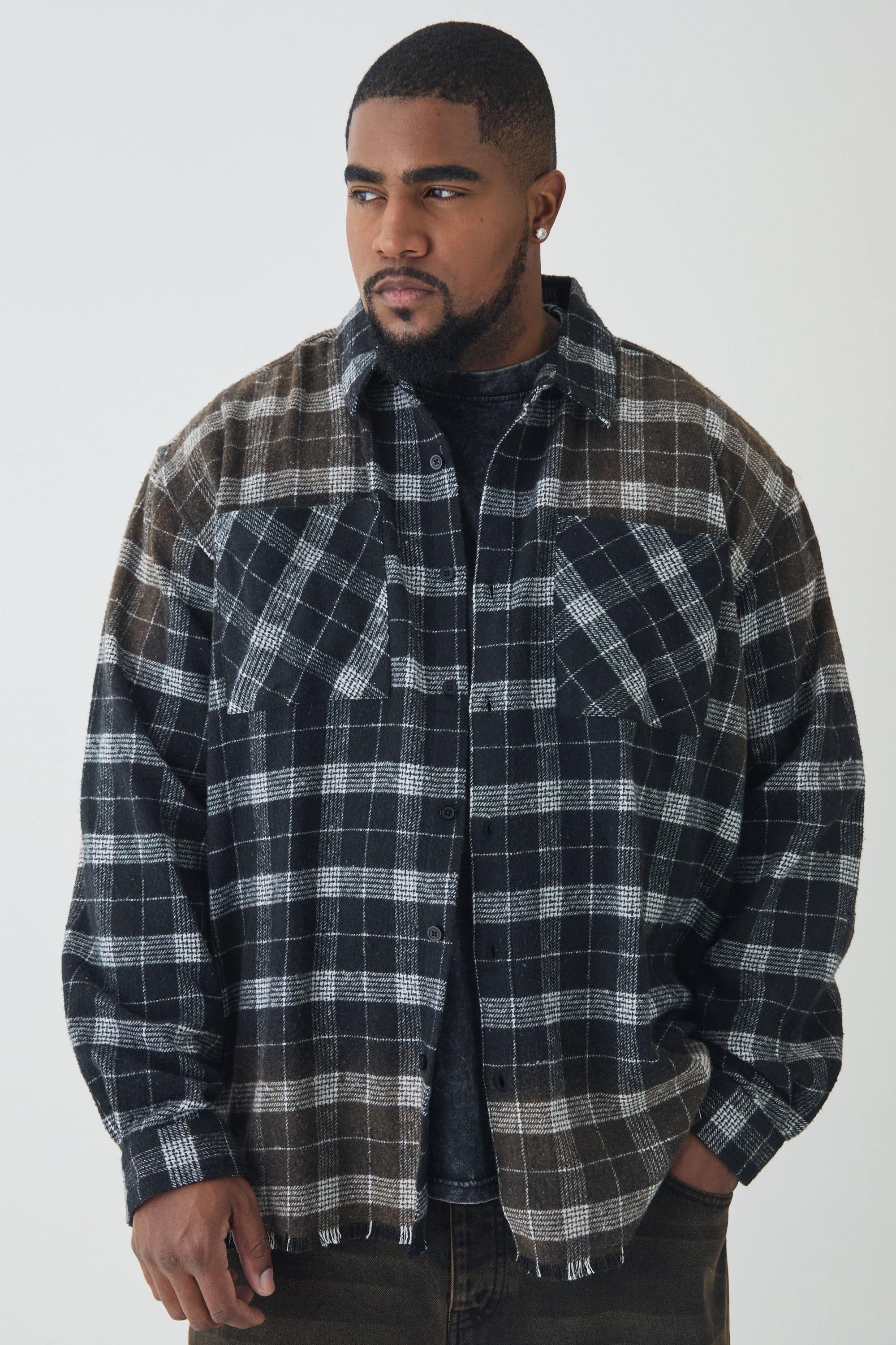 Mens Black Plus Oversized Distressed Skeleton Rhinestone Checked Shirt, Black