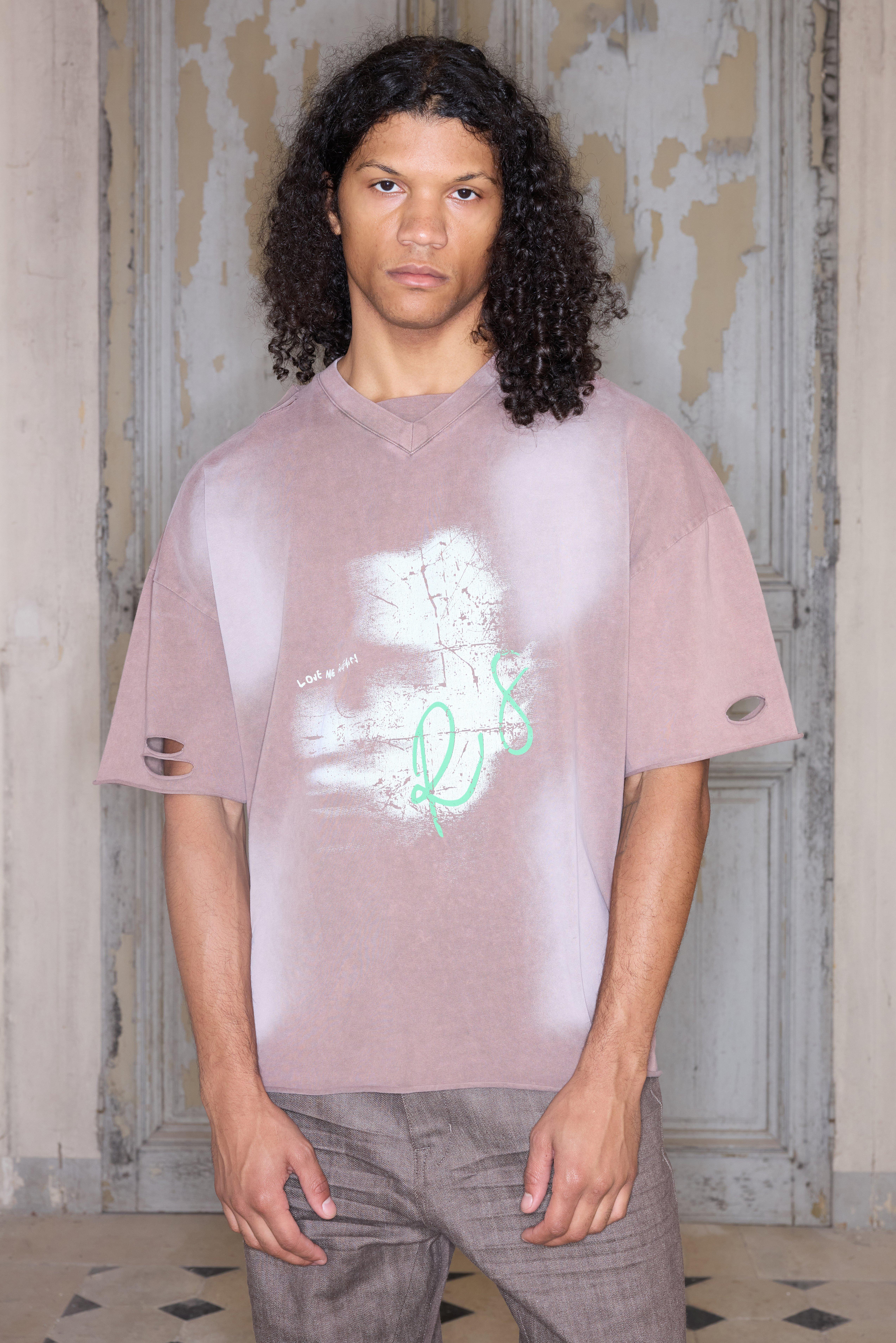 T-shirt Premium oversize slavata con scollo a V e stampa, Brown