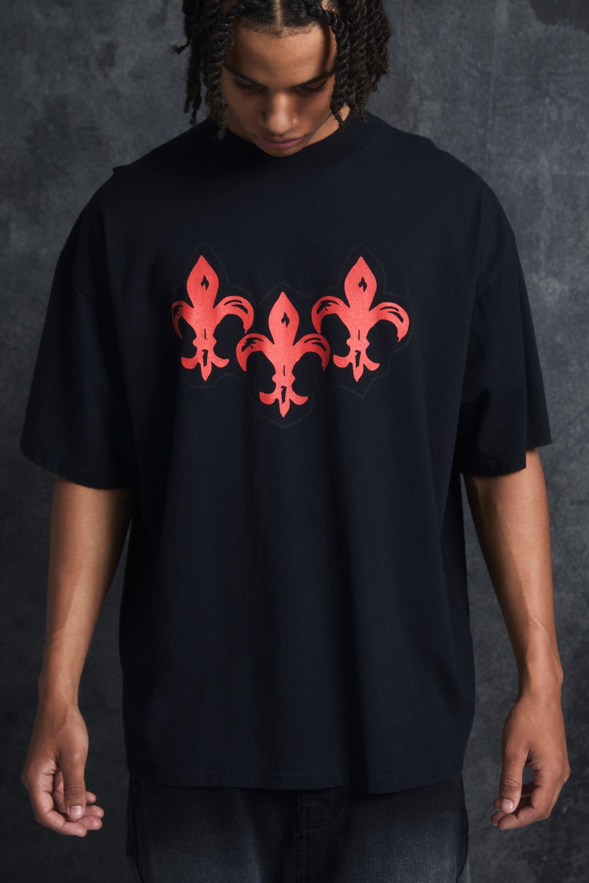 Mens Black Trippie Redd Oversized Extended Neck Heavyweight Washed Fleur De Lis T-Shirt, Black