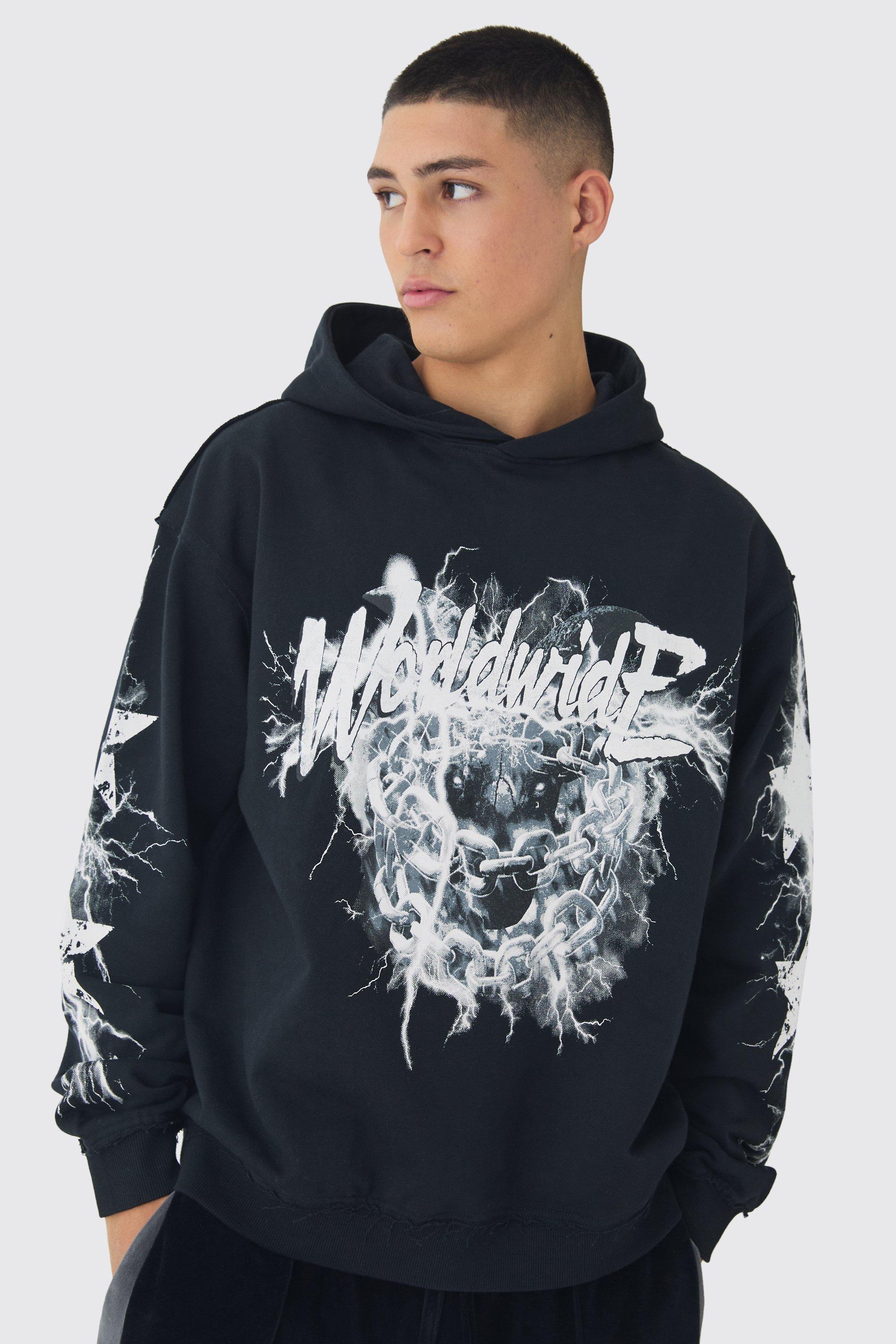Mens Black Oversized Loopback Raw Seams Worldwide Printed Hoodie, Black