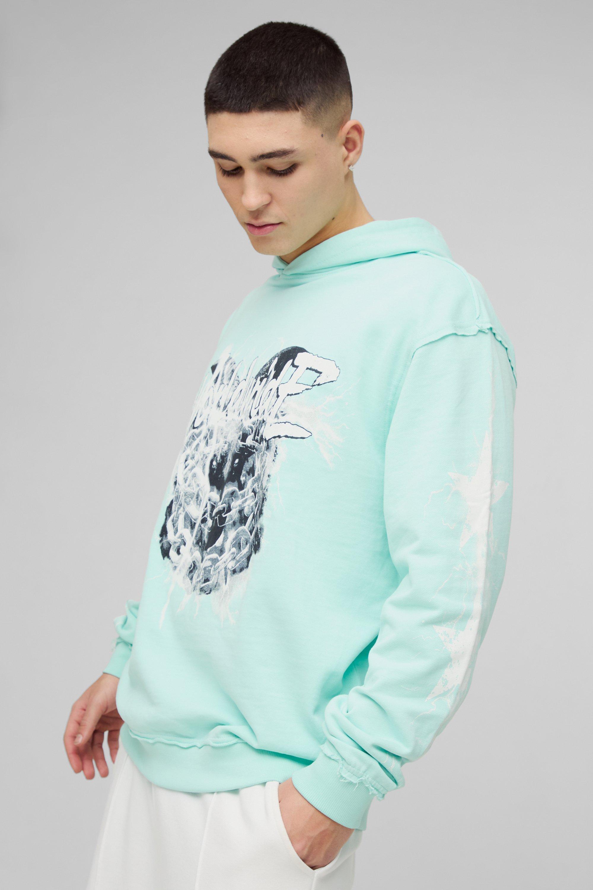 Mens Blue Oversized Loopback Raw Seams Worldwide Printed Hoodie, Blue