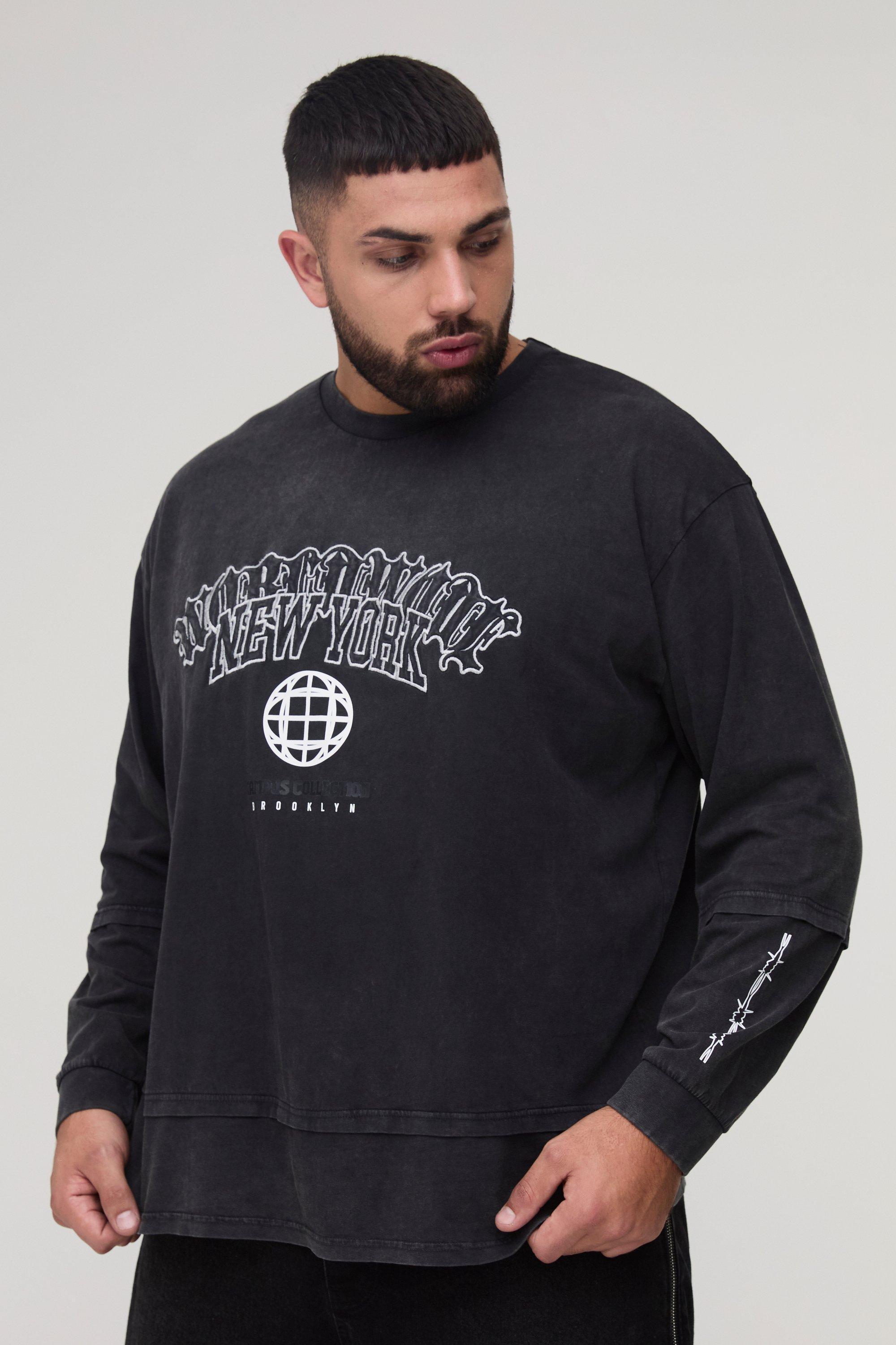 T-shirt Plus Size in lavaggio acido stile Varsity con stampa di fiamme e finto doppio livello, Nero